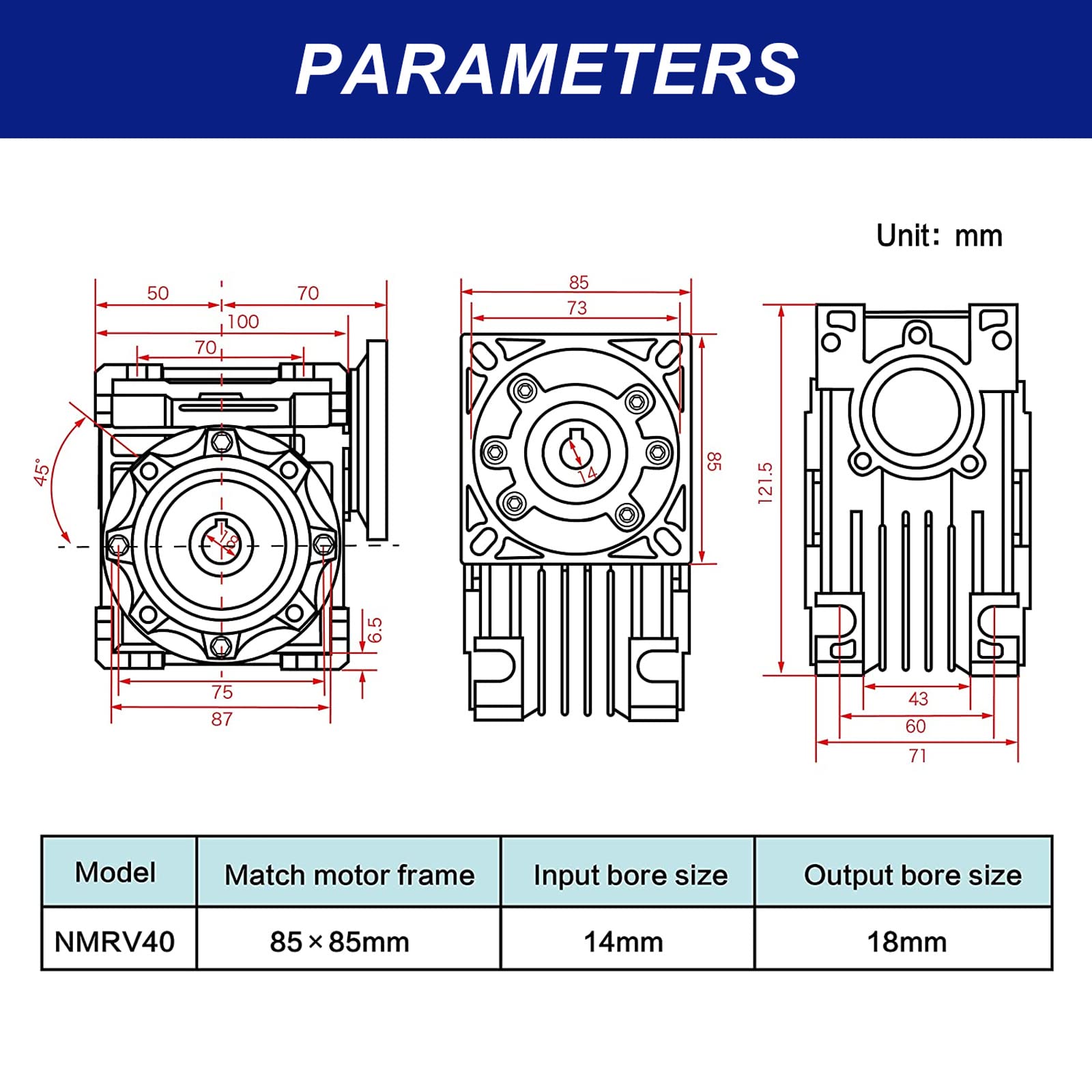 RATTMMOTOR Reducción de engranaje helicoidal 40:1 RV40 engranaje de metal engranaje helicoidal para servomotor Nema34 motor paso a paso (Ratio 40, NMRV 040)