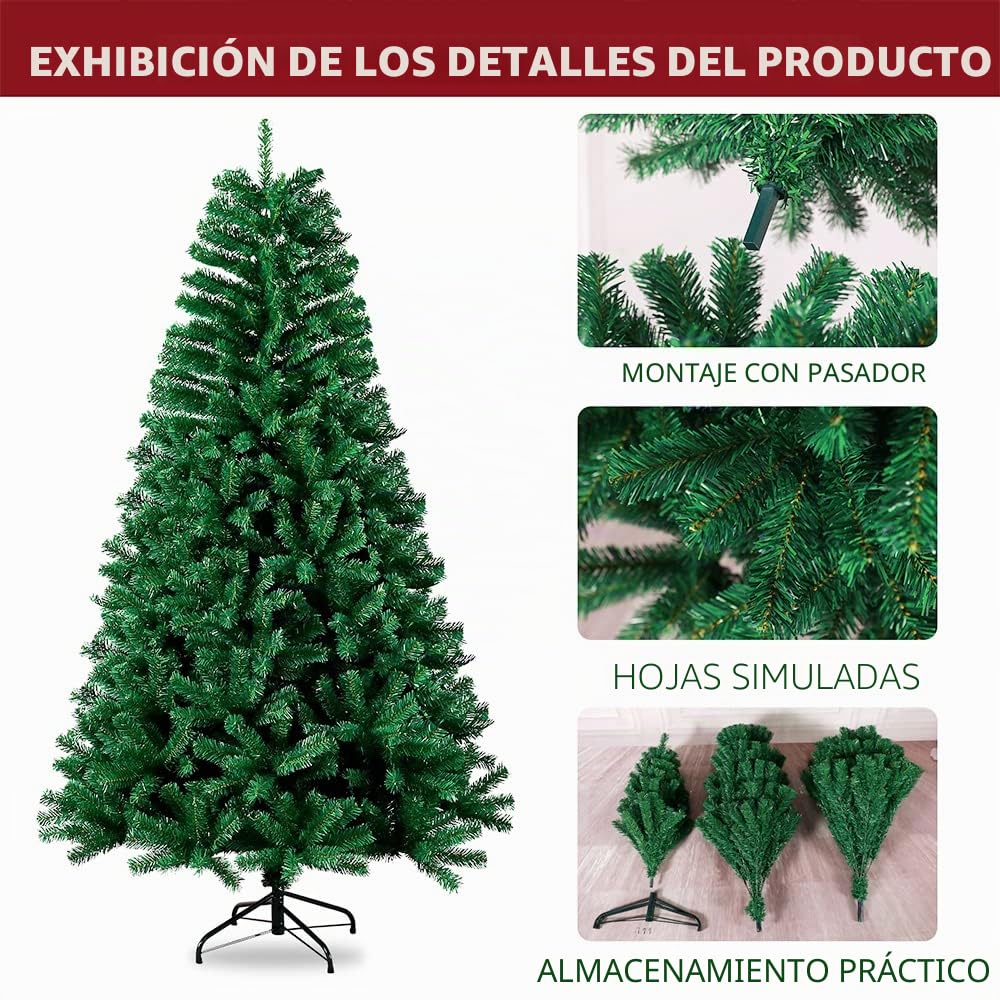 Árbol de Navidad Artificial Verde, 180cm, decoración de Navidad inflameable,Árbol de Navidad Frondoso con sporte metálico (1.8M800-verde)