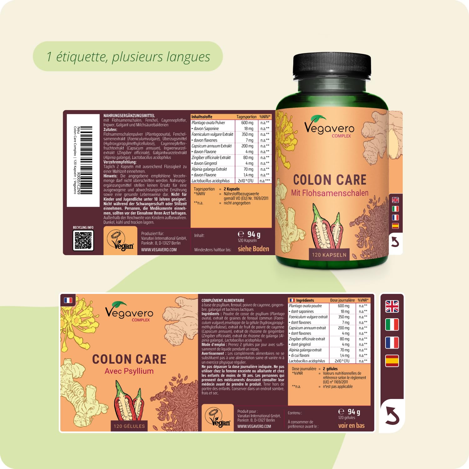 Colon Irritable Vegavero® | 100% Naturel | 120 Gélules | Nettoyage Intestinal | Avec Gingembre, Psyllium, Galanga, Fenouil, Cayenne et Lactobacillus Acidophilus | VEGAN