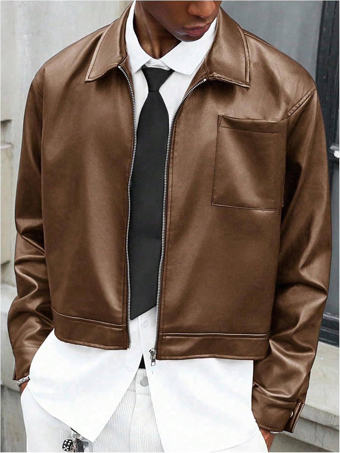 Men's Faux Leather Jacket Long Sleeve Zip Up Collared Crop Biker Motorcycle Lightweight Coat Outerwear - Image 4