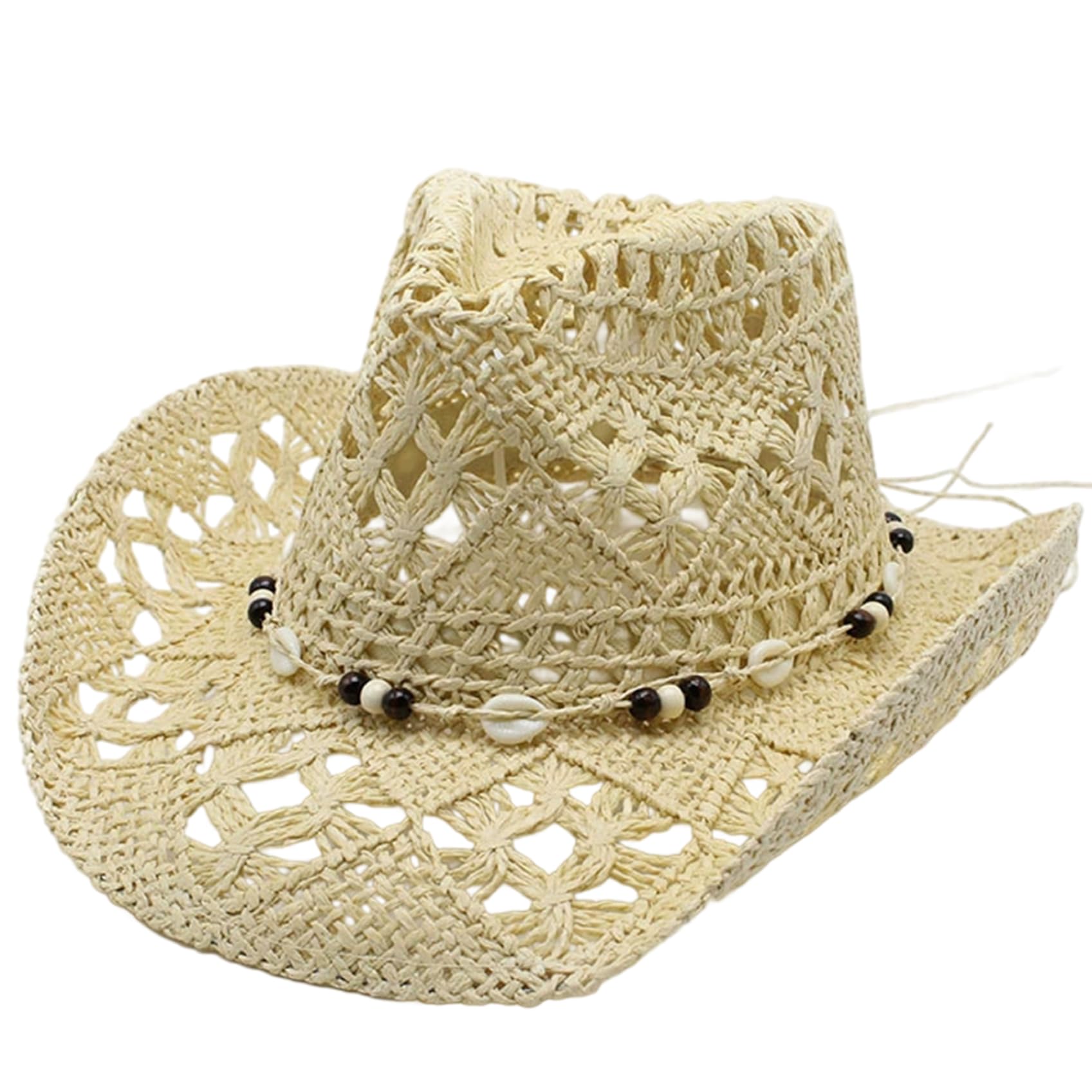 Beahing Unisex Beige Straw Cowboy Hat, Sun Protection Wide Brim Straw Cowgirl Hat Breathable Hollow Roll Up Western Cap With Beads
