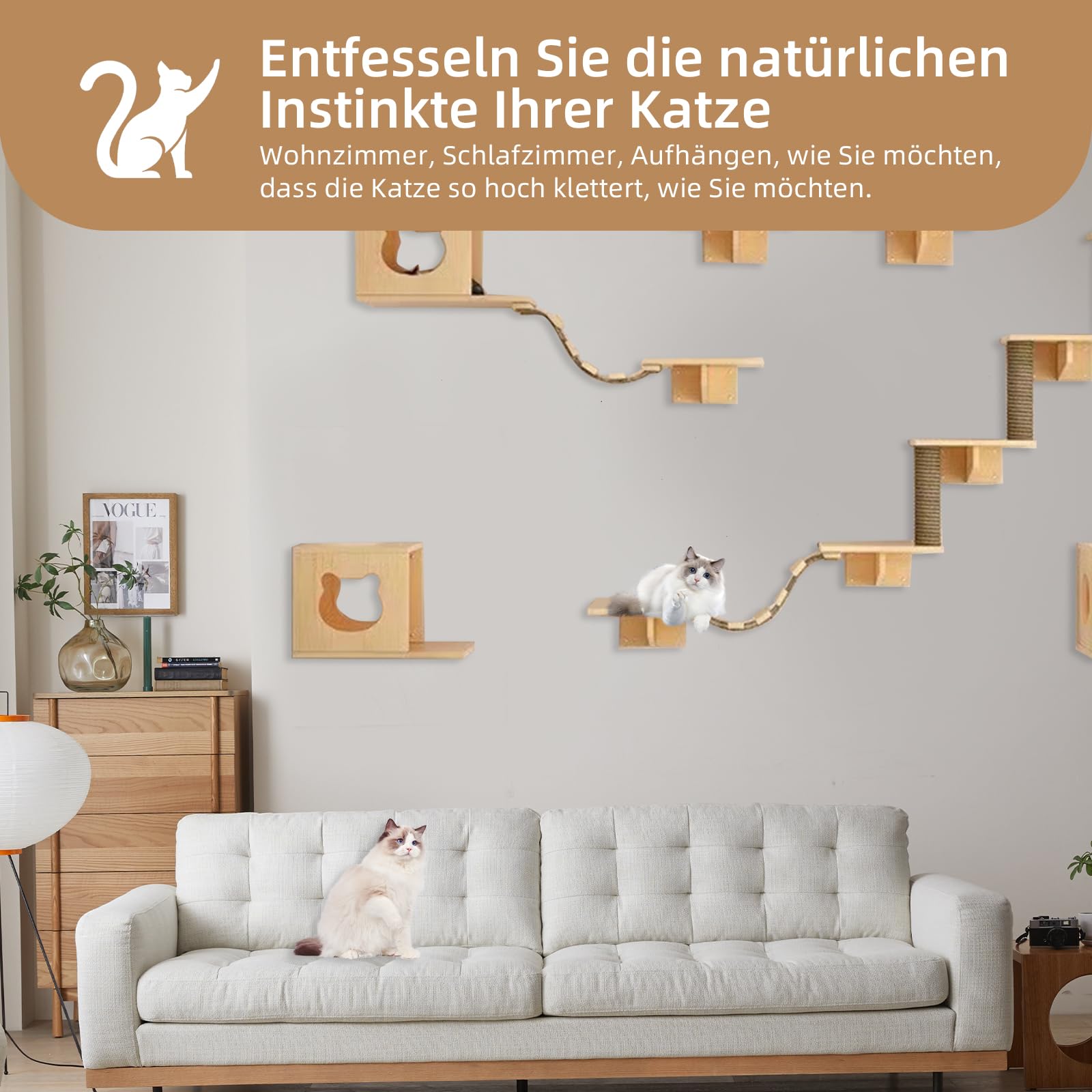 Katzen Kletterwand Set, Katzen Wandelemente, Massivholz Katzenwandmöbel Set, Katzentreppe Wand für Katze Catwalk, inkl. Katzenhaus, Katzentreppe, Katzenkratzbaum, Katzensprungbrett