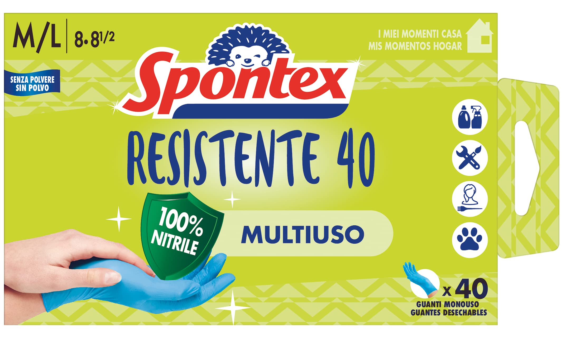 Spontex Guanti Monouso Resistente 40, Guanti in Nitrile Ipoallergenici, 40 Pezzi, Taglia M/L
