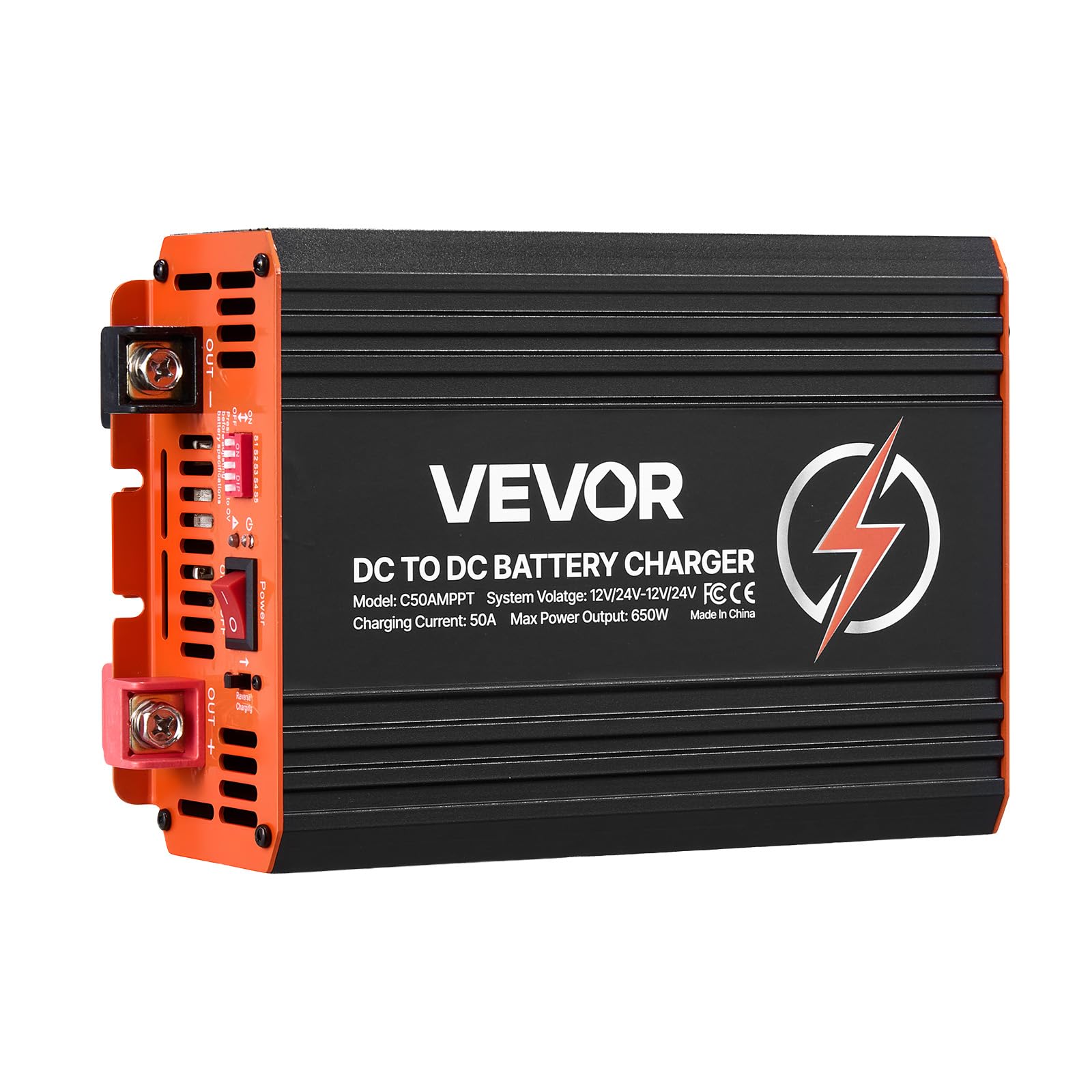 VEVOR Chargeur DC-DC avec MPPT 650 W 50 A Chargeur de Batterie DC-DC 12 V/24 V-12 V/24 V Double Entrée Panneau Solaire/Alternateur pour Camping-Car Voiture Bateau, Compatible avec LiFePO4 Plomb-Acide