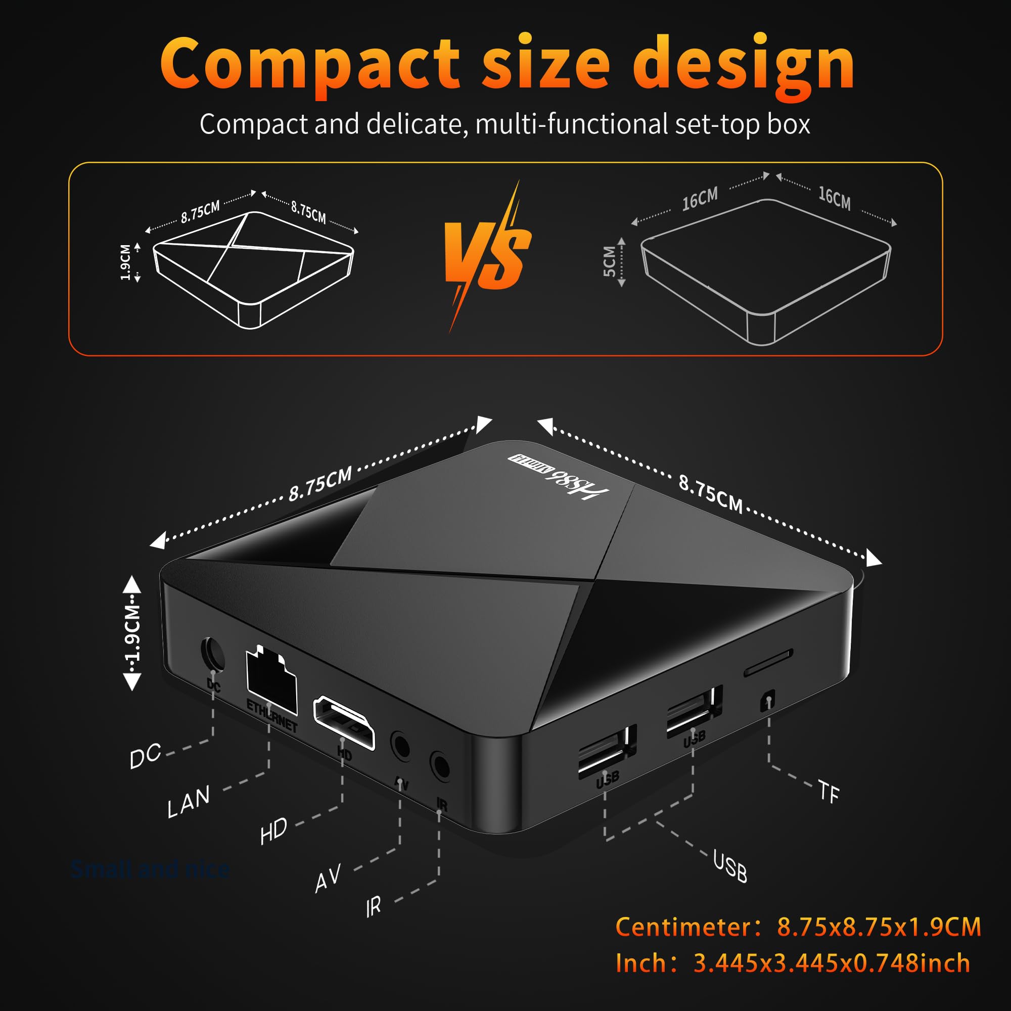 HS86 MINI14 Android 14.0 TV Box 4K 60FPS, UHD Smart TV Box Android 2 Go de RAM 16 Go ROM RK3518 Quad-Core 32 Bits Cortex-A53, 2,4 GHz/5,0 GHz Double Wifi6 10/100 M LAN Enternet Bluetooth 5.4 USB3.0