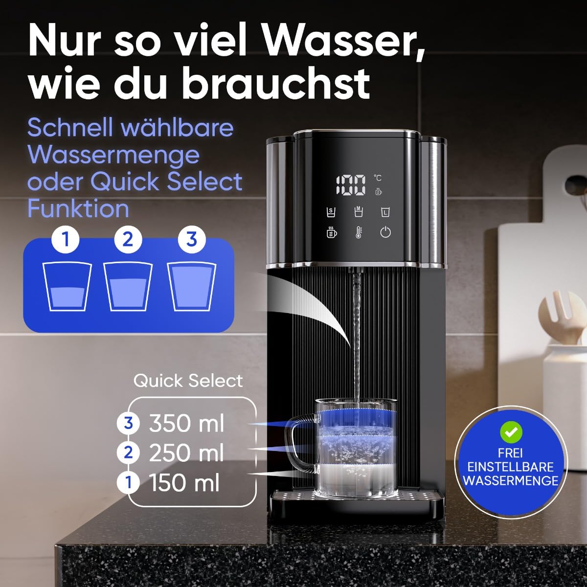 ProfiCook® Heißwasserspender | 100°C in 3 Sek. | 7 Temperaturstufen | Babynahrung geeignet | 40-100 °C | Teekocher mit Temperatureinstellung | 3L Tank | Quick Select | Sensor Touch | PC-HWS 1320