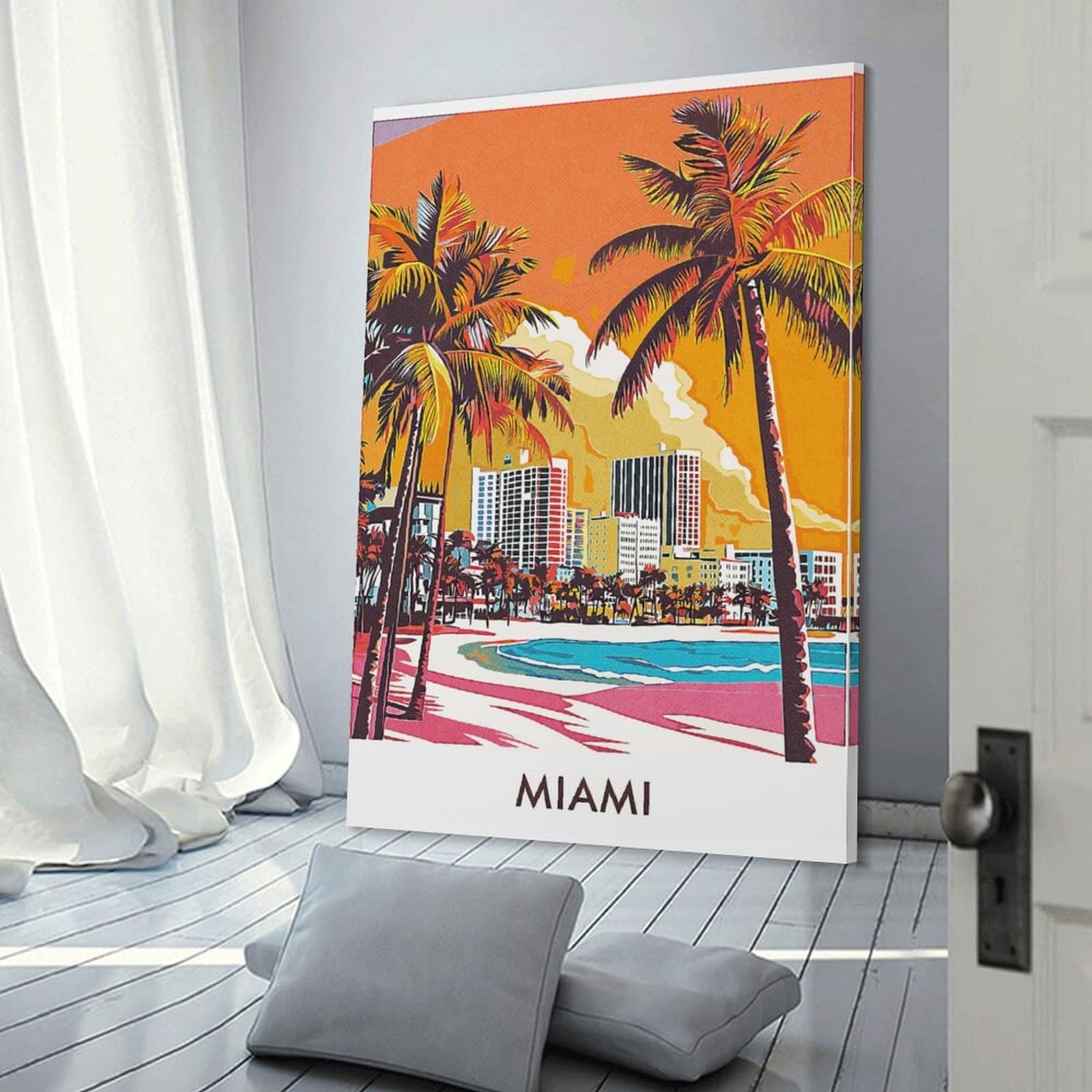 Junmoney Canvas Wall Art Miami Beach Skyline, 20x30inch(50x75cm), for Lounge Decor, Bedroom Walls Or Flats, A Home Accent with Warm Character