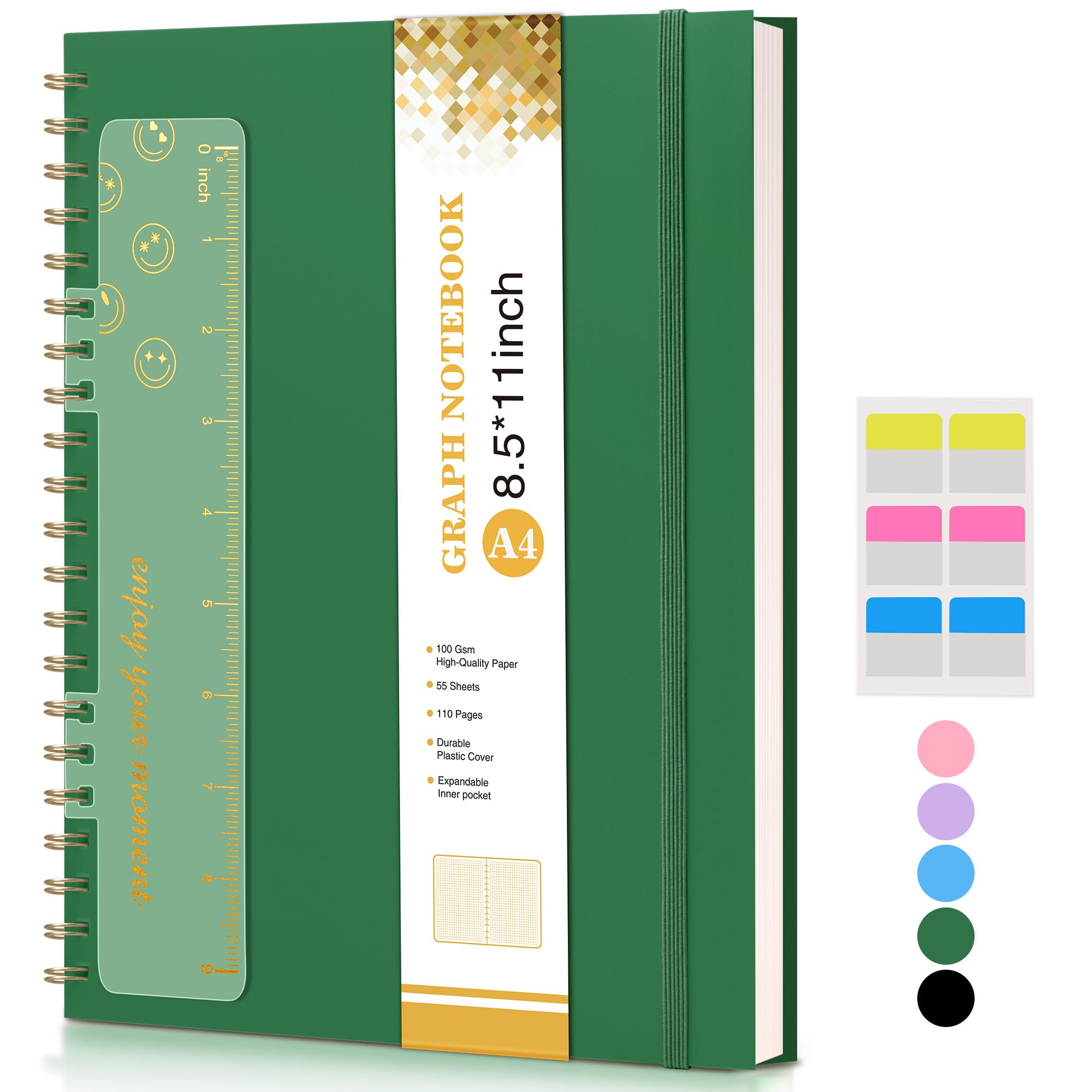 Graph Paper Notebook, Spiral Notebook Journal 8.5” x 11”, A4 Large Grid Notebooks for Women Men, 100 GSM Graph Paper, Plastic Hardcover Spiral Graphing Journals for Work School Engineerin, Green — image 1
