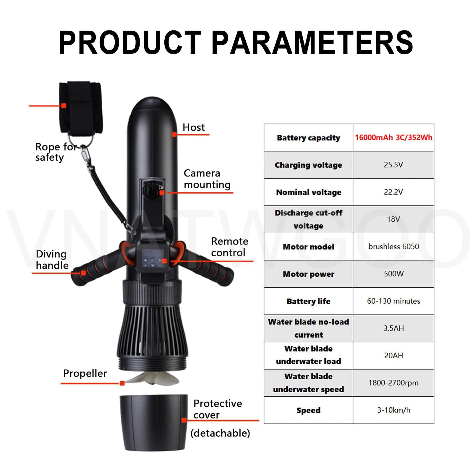 Scooter de Plongée sous-Marin Moteur sans Balais 500W 16000mAh