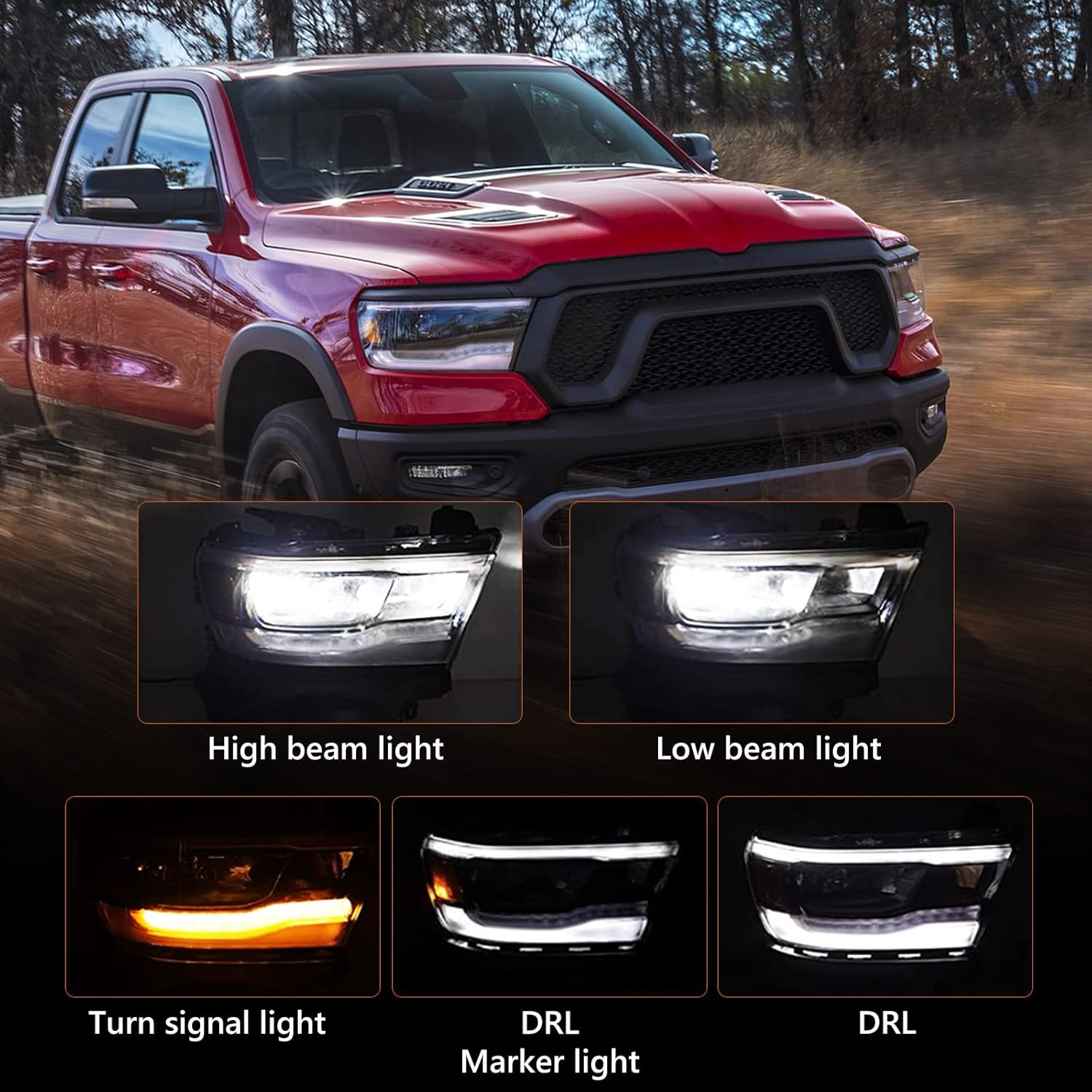 FIONE LED Headlight Assembly Compatible with Dodge Ram 1500 2019-2022 Black Cover Headlamp Right Passenger Side 68533274AA CH2503320