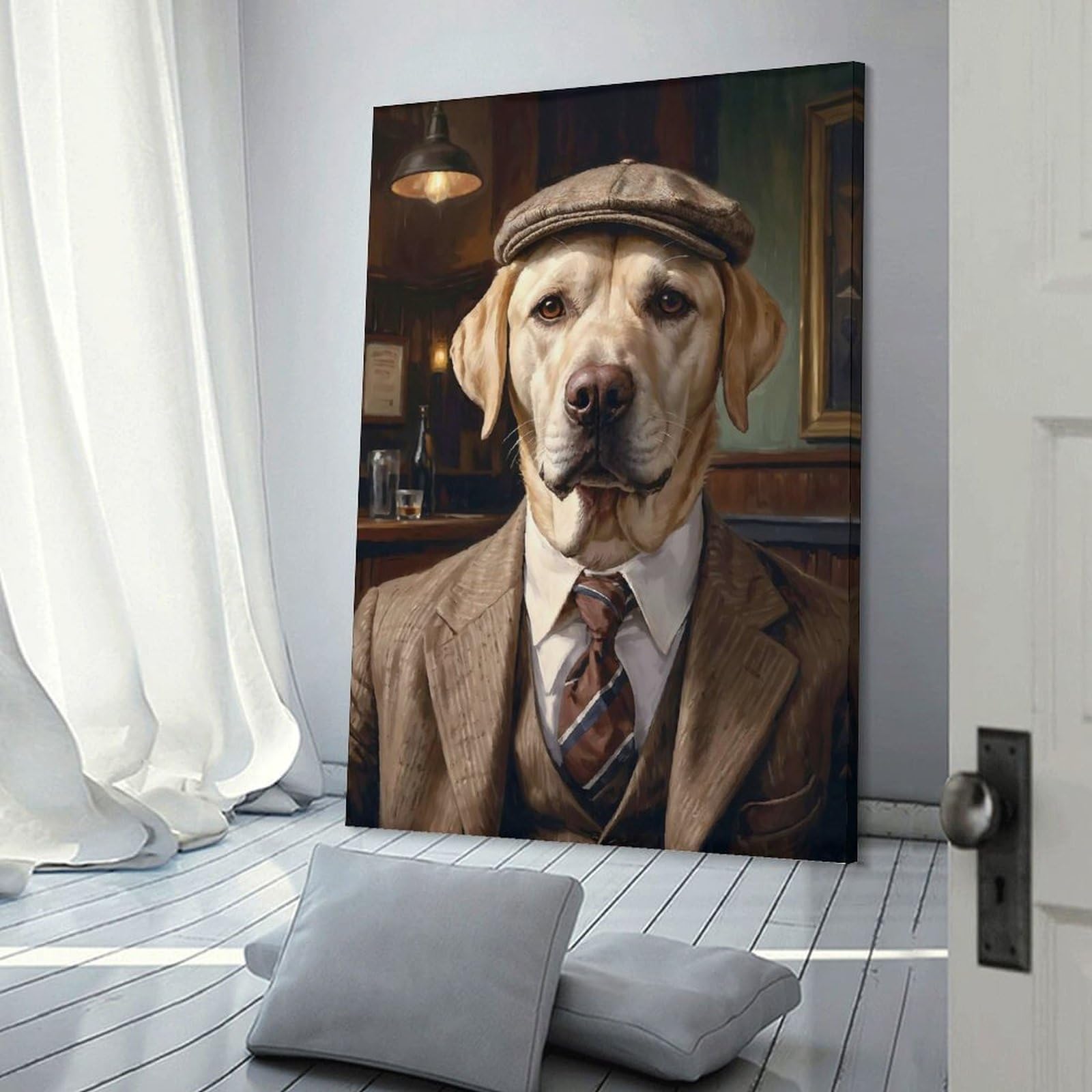 Junmoney Blonde Labrador Dog Wearing A Suit in The Pub Canvas Wall Art 24x36inch(60x90cm), for Art Walls, Layered Displays Or Homes, Decorative Artwork with Flexible Styling