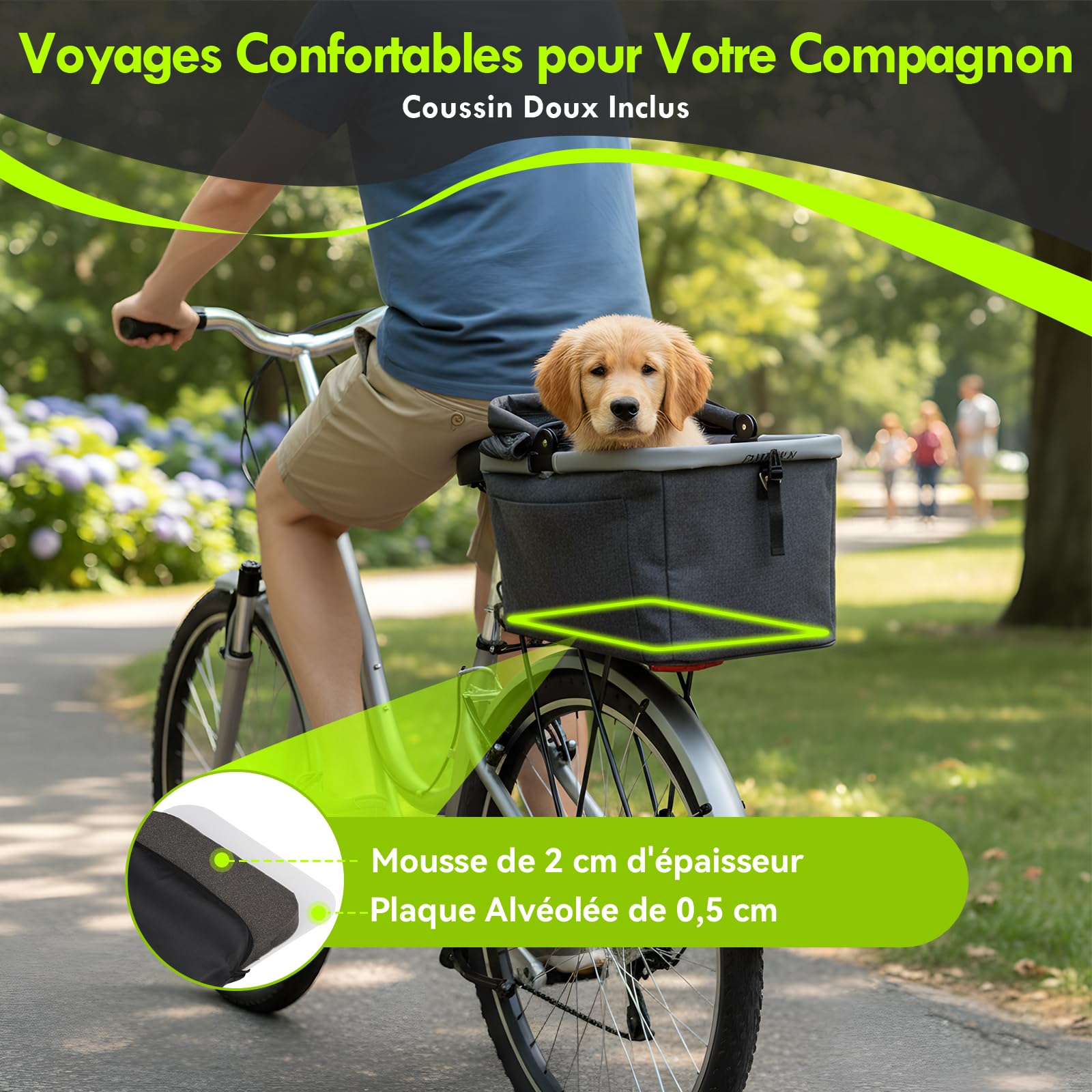 Panier Vélo Arrière Chien Pliable 10KG Cadre Métallique Support Fixation Tubes 9-12 mm Fenêtre Aérée Coussin Bandes Réfléchissantes