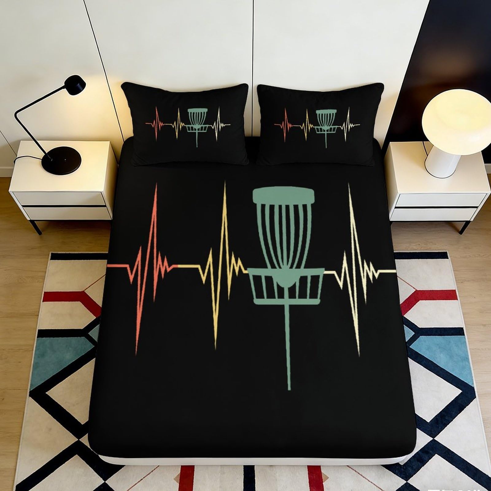 3D Printed Heartbeat Disc Golf Fitted Sheet Microfiber Colorful Bed Cover for Bedroom Guest Room Mattress Decor 90x200x25cm