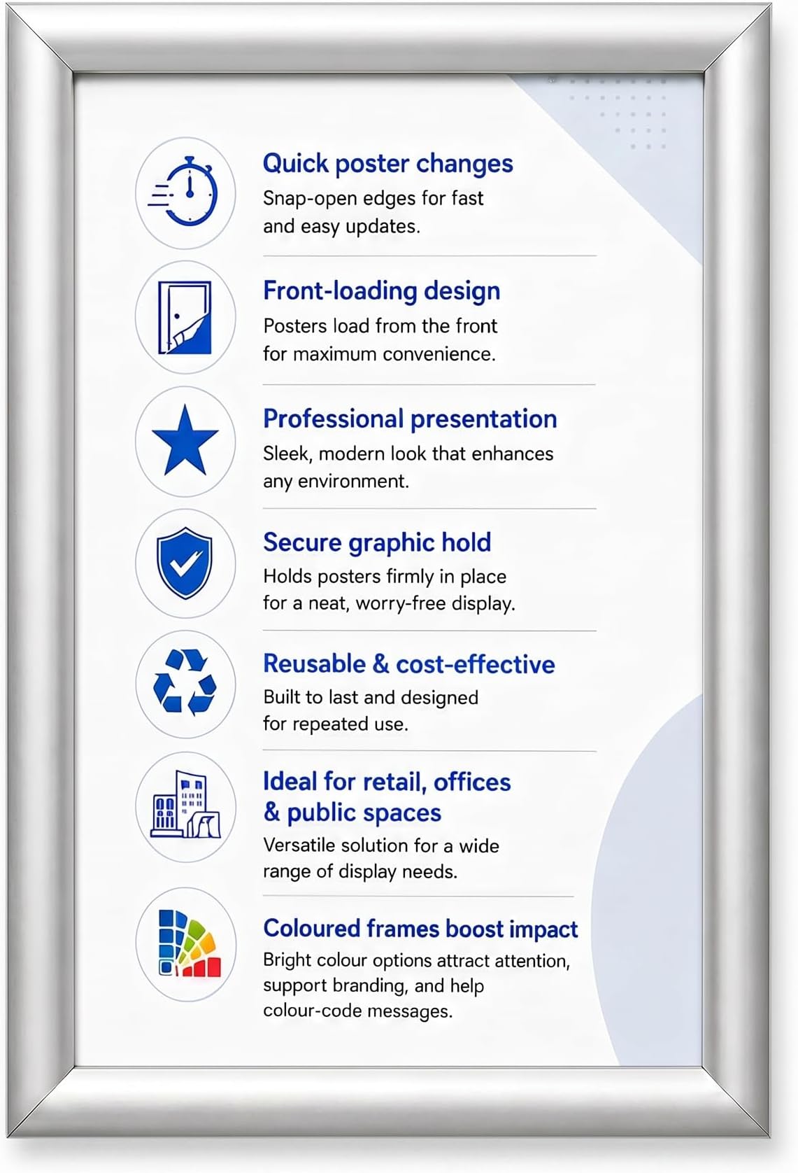 Deflecto A4 Snap Frame Silver, Aluminium Clip Frame, Certificate & Poster