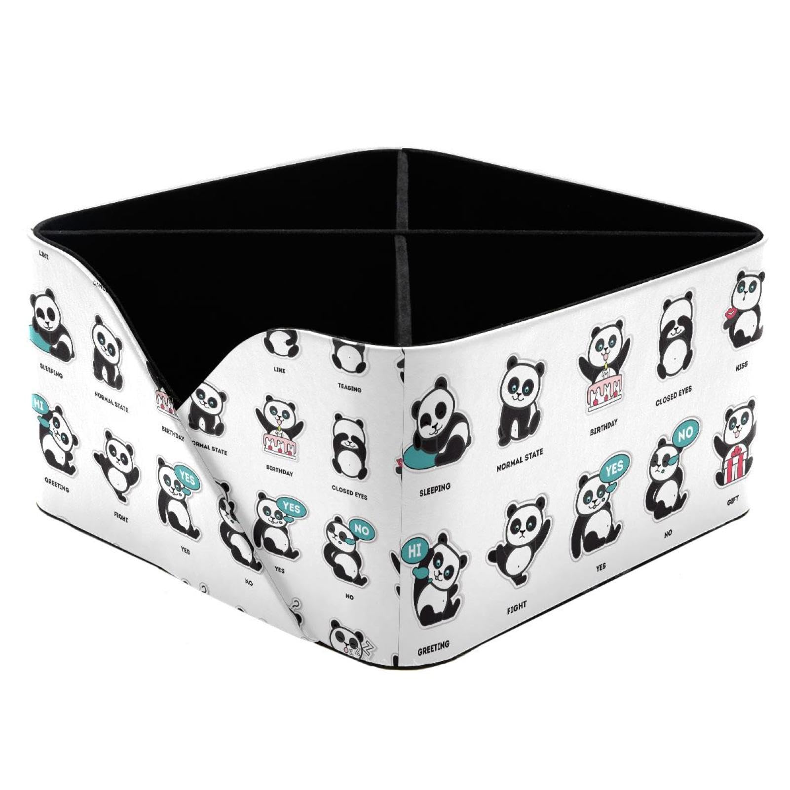 KengjuTesu Cute Panda Different Poses Moods Pattern Desktop Organizer Pen Holder, Rectangular Pencil Cup for Office, Study and Makeup Stations