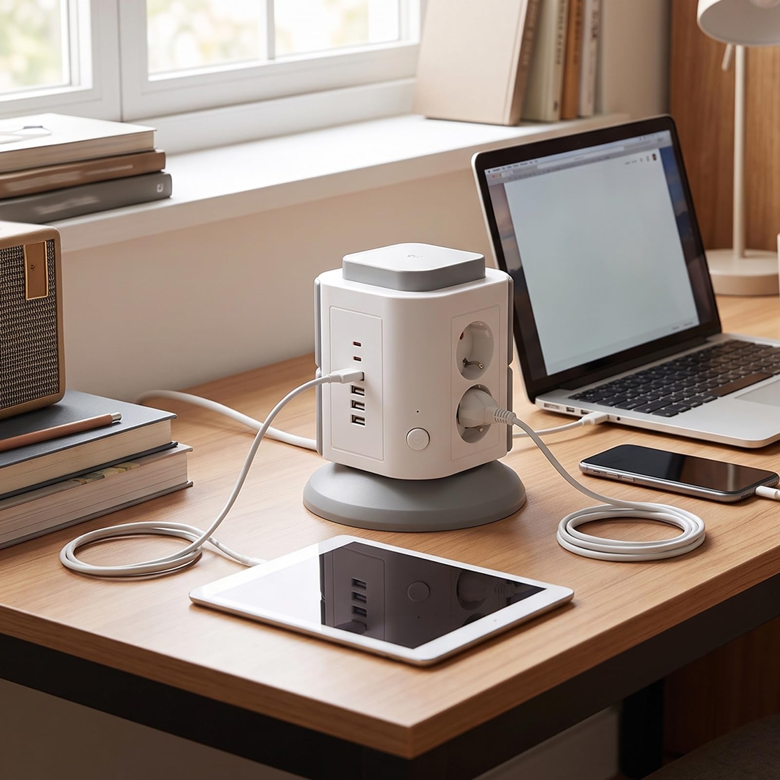 Pionowa Wieża Listwy Zasilającej, 6 Portów USB i Ochrona Przed (wtyczka | 6 Gniazd AC, 6 Portów USB (2 Typu C), Obudowa z ABS z Opóźnieniem Płomienia, Moc Znamionowa 2500W, Zabezpieczenie Przed