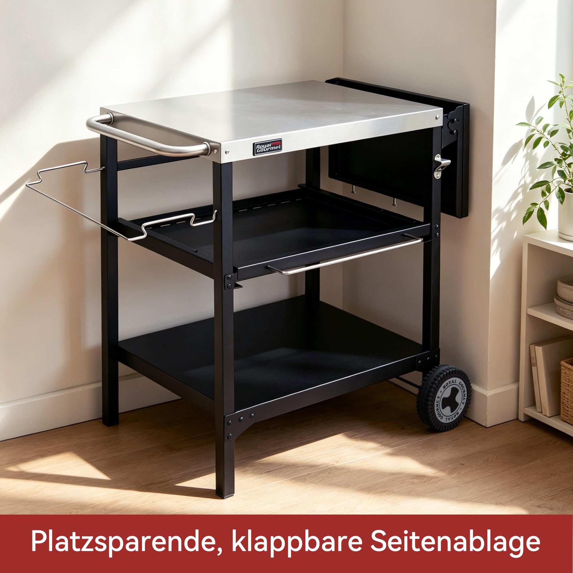 Royal Gourmet Stół do grillowania na zewnątrz, 3-poziomowy wózek do serwowania z blatem ze stali nierdzewnej 70 x 50 cm i składaną półką boczną 30 x 50 cm, stolik pomocniczy, stolik do grillowania,