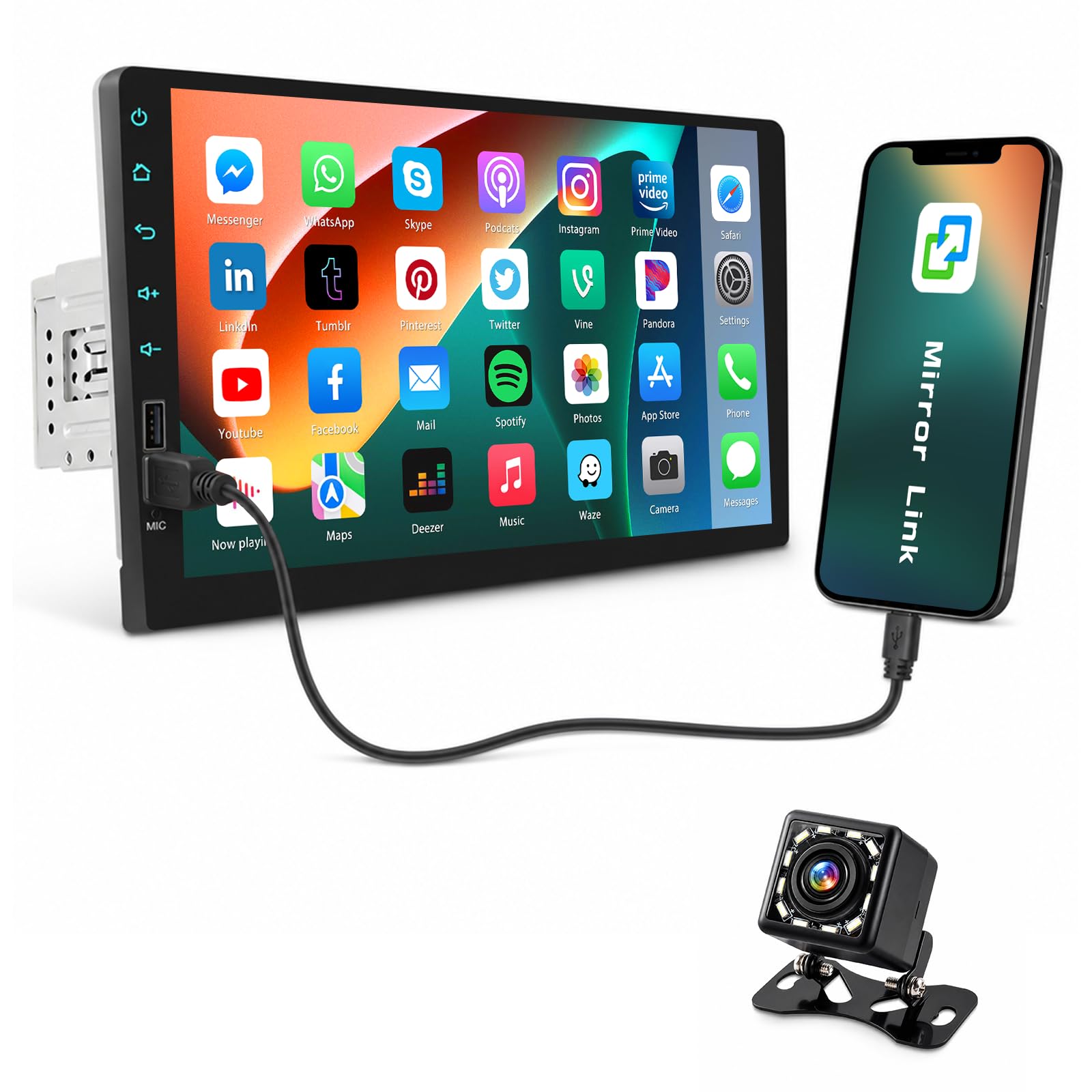 1 DIN Autoradio Bluetooth Touch Screen 9 Pollici | Stereo Auto Schermo Double Din Radio Supporto FM, USB, EQ, Specchiamanto Telefono, con Telecamera Posteriore