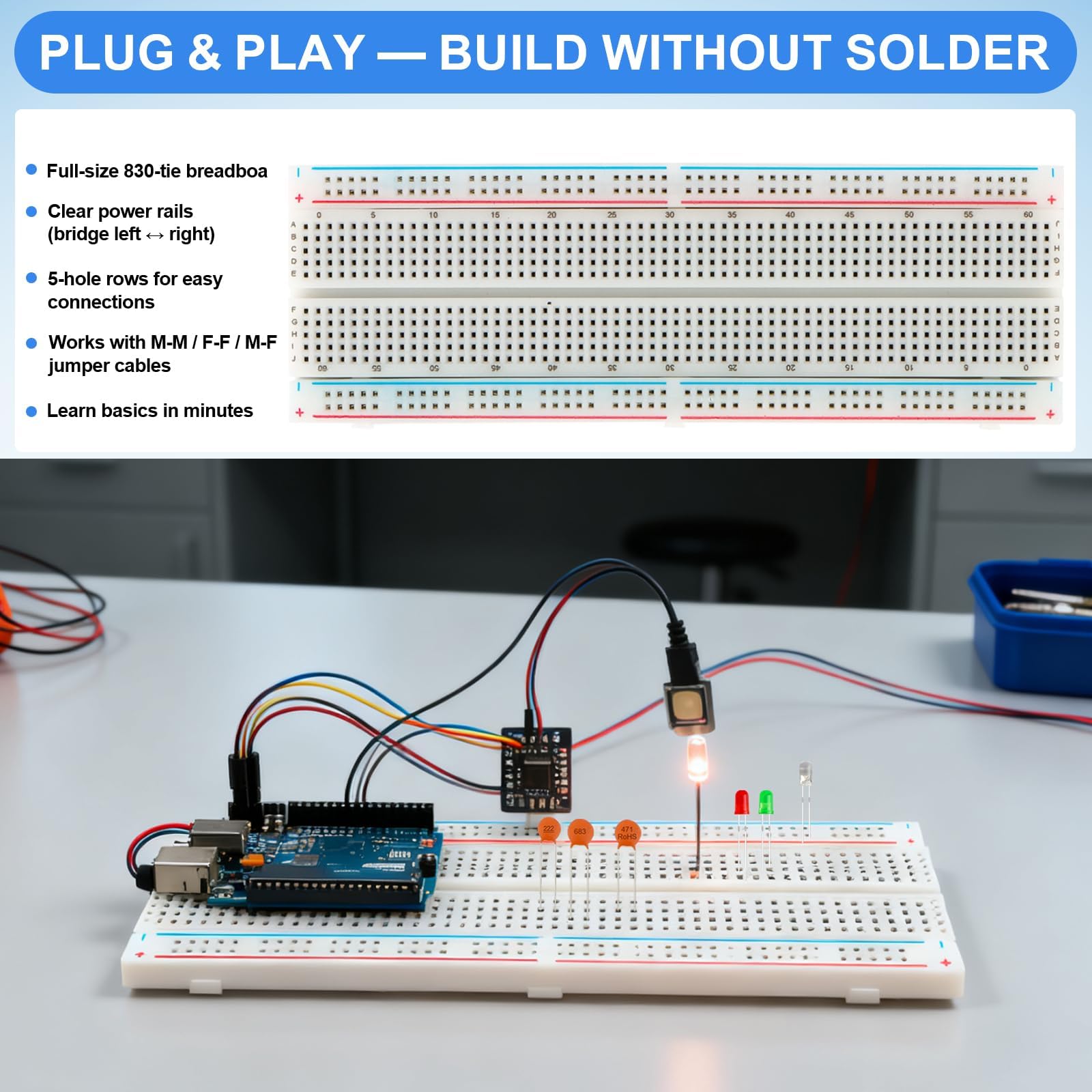 1530 Pièces Kit de Composants électroniques 9 types avec Résistance métallique,Condensateur,Diode,Diode LED,Transistor,Dupont Cable,Câble Jumper et Breadboard, pour UNO R3