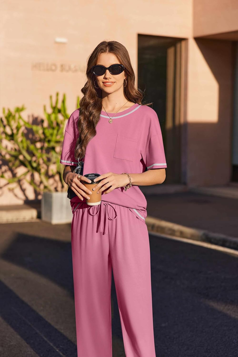 Ekouaer Cotton Pajamas Sets for Women Soft Contrast Piping Lounge Set 2 Piece Short Sleeve Pj Set with Pockets - Image 7