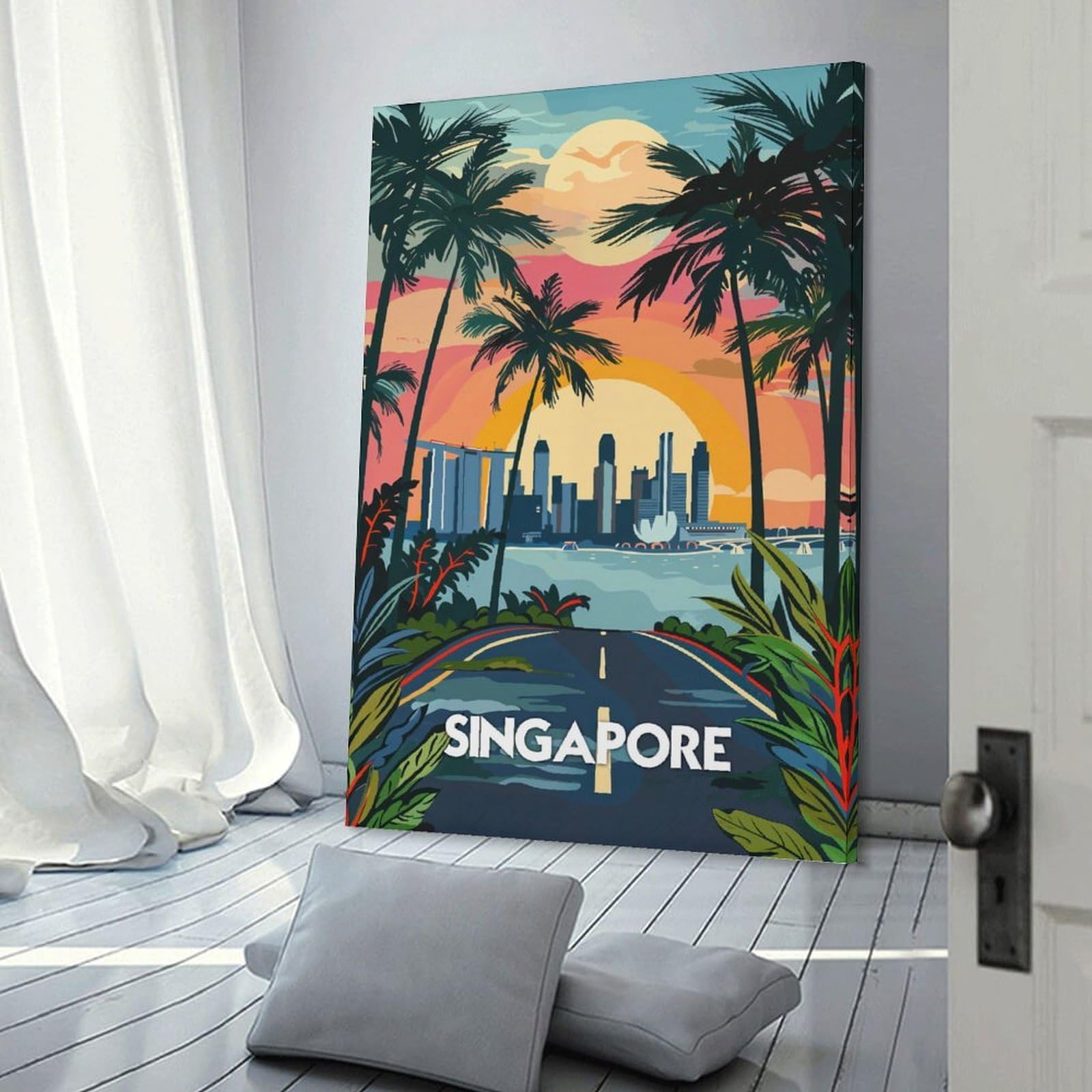 Junmoney Frame-Style-17 Canvas Wall Picture Explore Singapore's Tropical Paradise, 24X36inch(60X90cm), For Bedroom, Lounge Or Dressing Area, Stylish Decor For A Restful Room Update