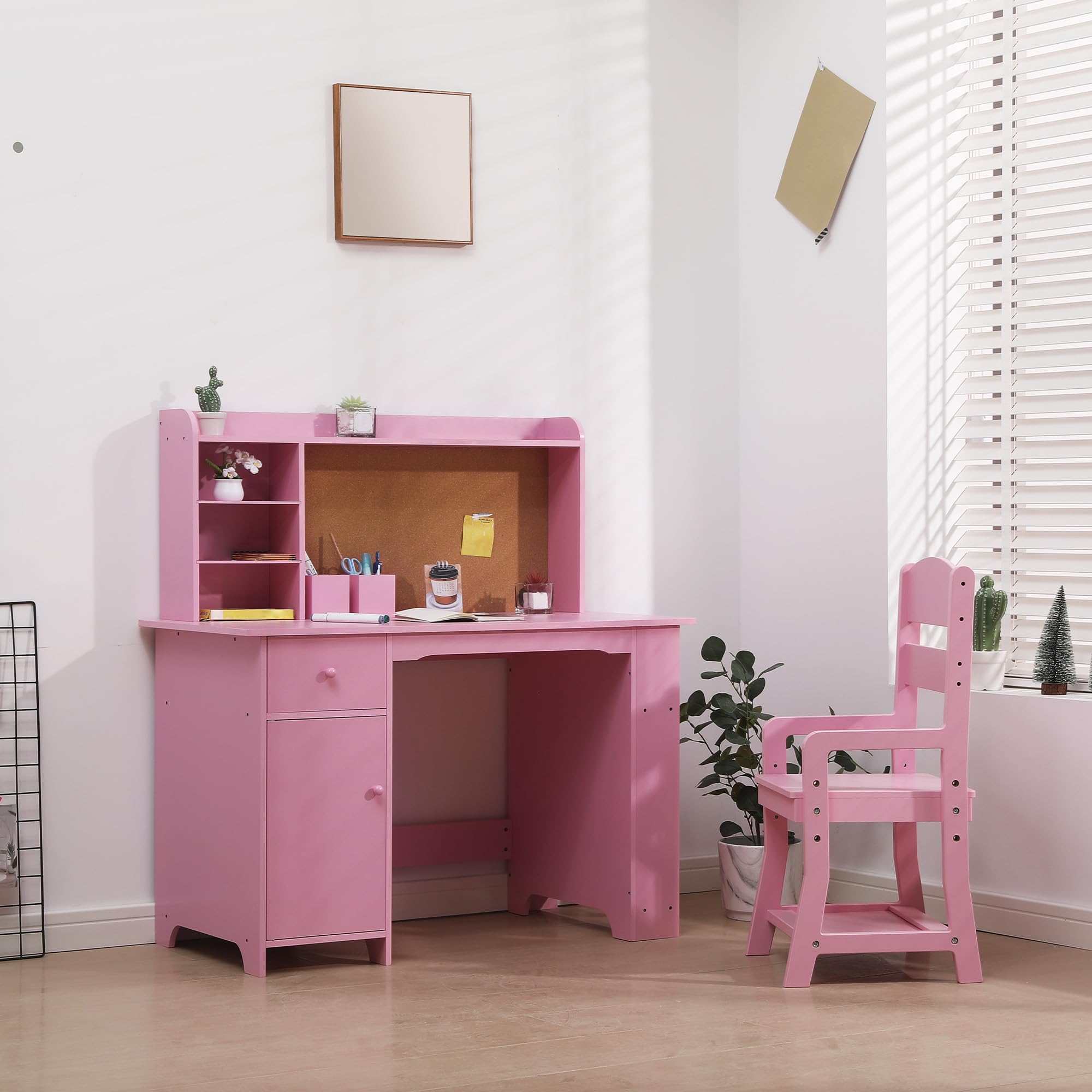 Garvee Kinderschreibtisch, Schreibtisch- und Stuhlset für Jungen und Mädchen, Holzschreibtisch mit Bücherregal, Pinnwand, Schrank und Schublade für Kinder von 3-8 Jahren, Rosa
