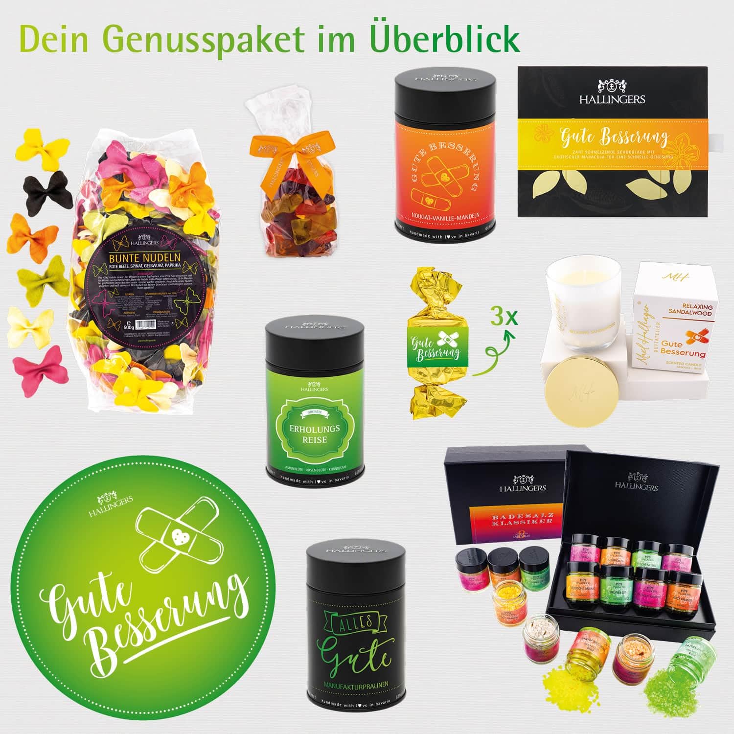 Hallingers Genuss Manufaktur Feinkost Geschenk-Set - XXL-Geschenkkorb "Gute Besserung" großer Genesungsgruß Bunte Nudeln, Tee, Pralien, Badezusatz, Nougat & mehr, Geschenkidee für Frauen Männer