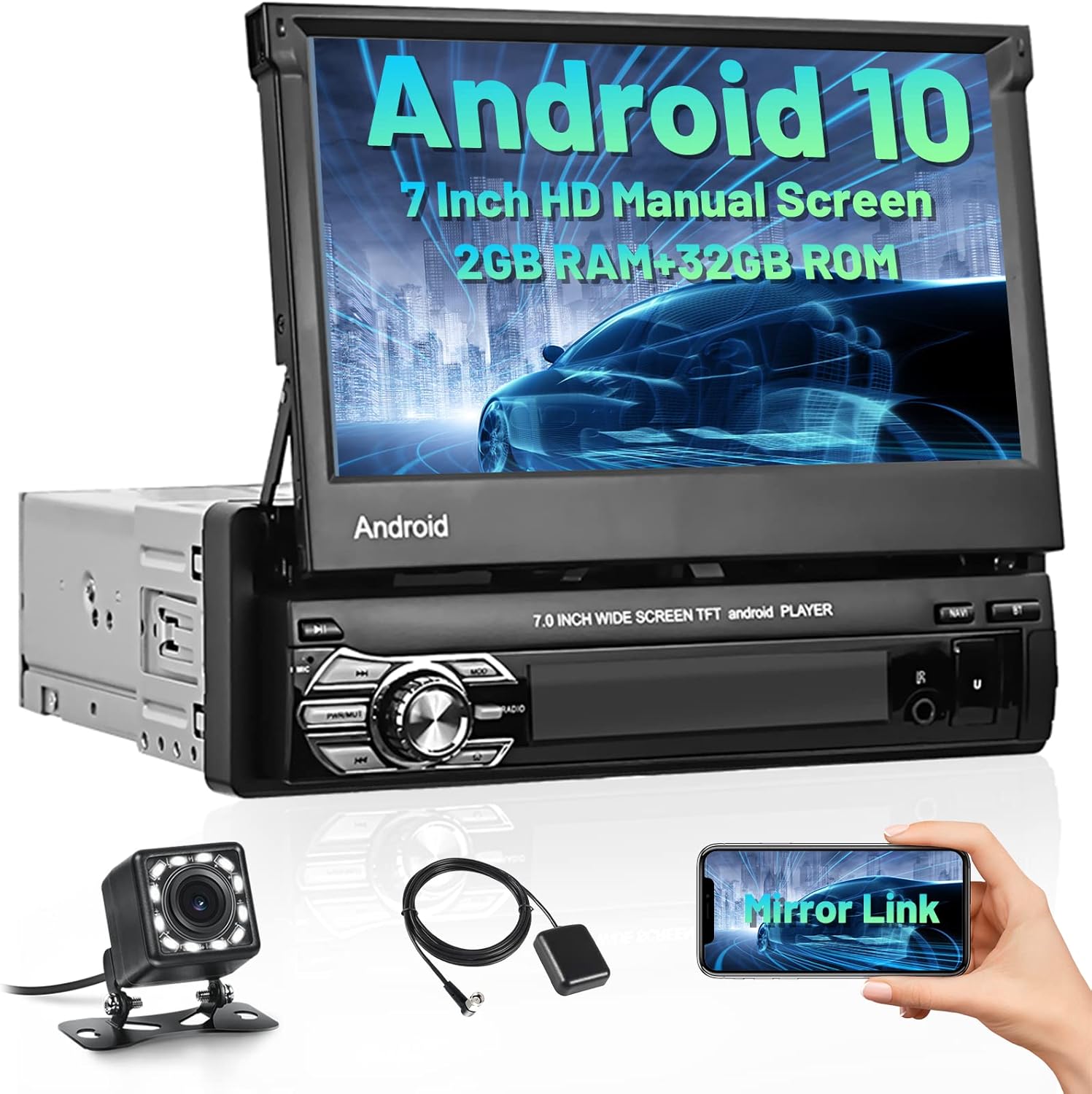 [2GB+32GB] Hikity Single Din Android 10 Car Stereo with Sat Nav 7 Inch