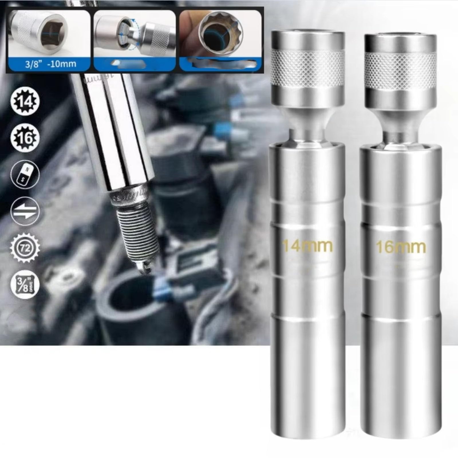 Juego De Adaptador De Llave Enchufe para Bujía Coche Junta Universal con Herramienta Reparación Pared Delgada Flexible Y Magnética Juego de Llave para Bujías
