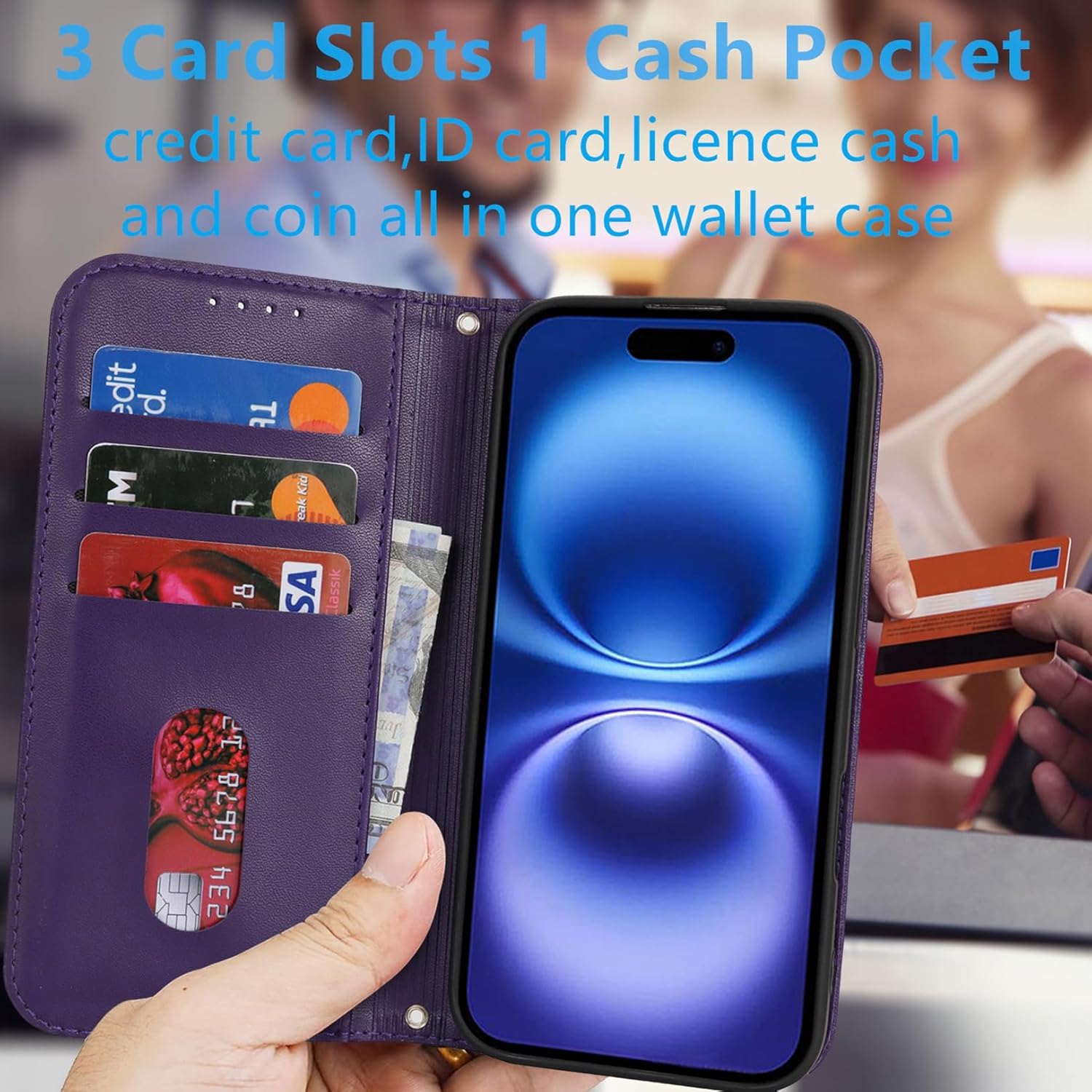 Jaorty Fit for iPhone 16 5G Phone Case Wallet with Wrist Strap for Women Men,Wallet Case for iPhone 16 with Card Holder,Cash Pocket PU Leather Strong Magnetic with Kickstand,6.1" Purple - Image 2