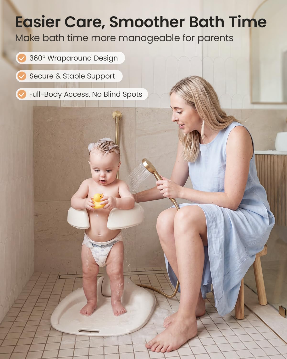 GROWNSY Support de bain et support de douche pliable pour bébé de 6 mois et plus | 8 réglages de hauteur et accoudoirs arrondis réglables, coussinets antidérapants, support de douche intégré, matériau ABS
