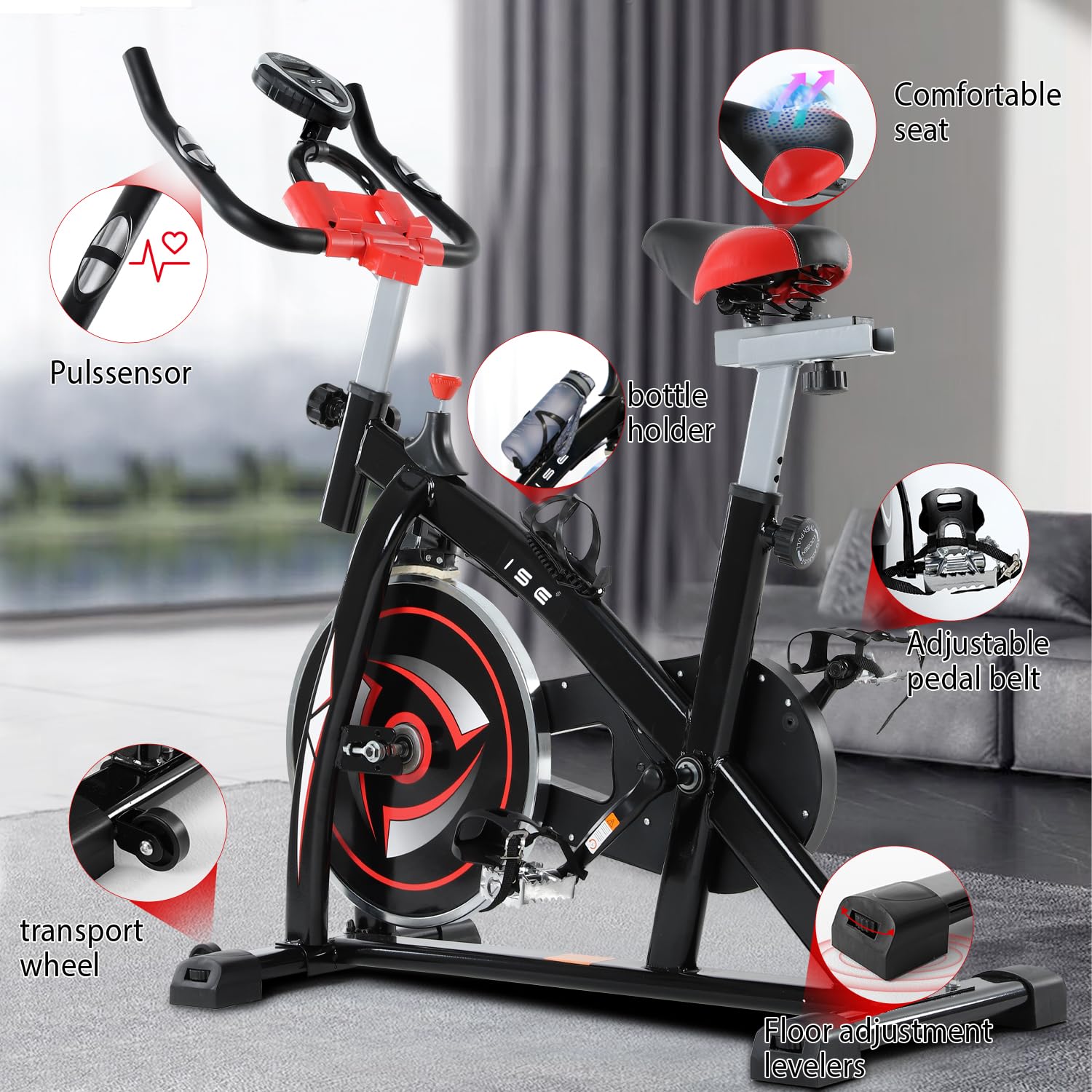 ISE Bicicletta Cyclette Da Casa con Resistenza Regolabile, cyclette professionale con Sensore di Impulso, Porta Celullare, Ruote di Trasporto, Bicicletta Cyclette Indoor,Silenzioso, SY-7802