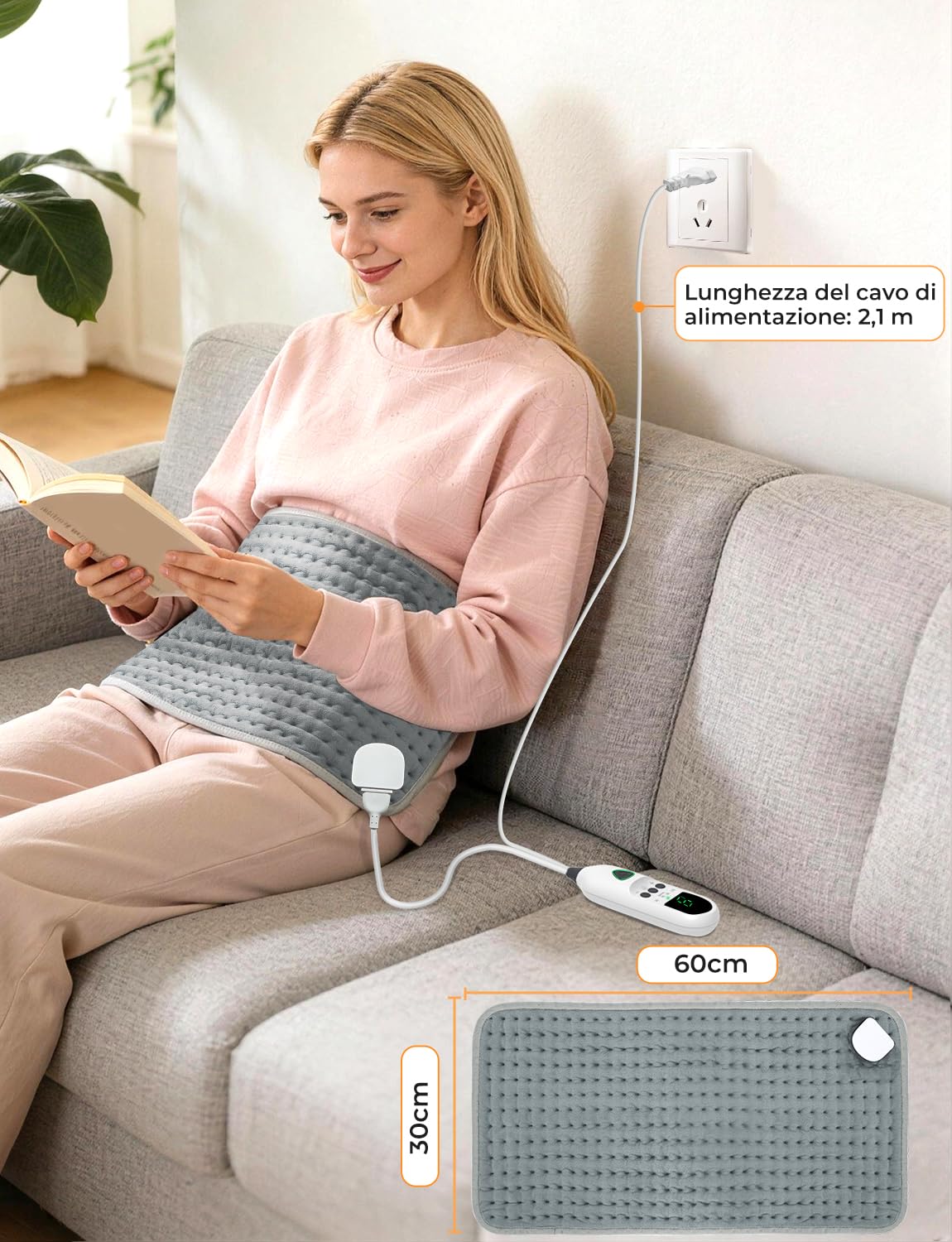 Termoforo Elettrico 60x30cm – Per Schiena, Spalle e Addome, 9 Livelli Di Temperatura, 4 Timer, Riscaldamento Rapido, Spegnimento Automatico, Lavabile In Lavatrice - Grigio Scuro