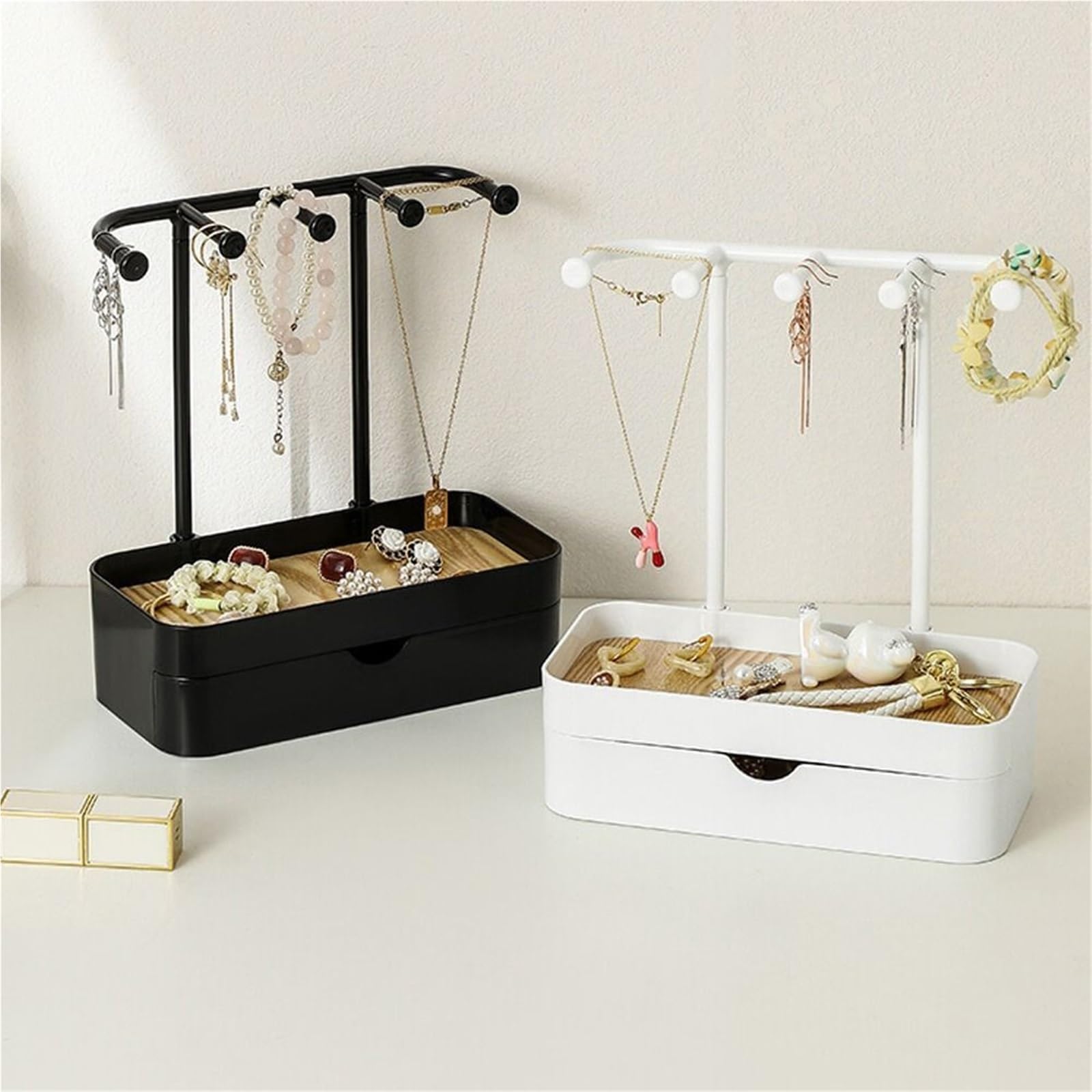Schwarz - Scaffale per gioielli portatile con cassetto con base in legno, porta chiavi, accessori fotografici, scatola di immagazzinaggio da scrivania