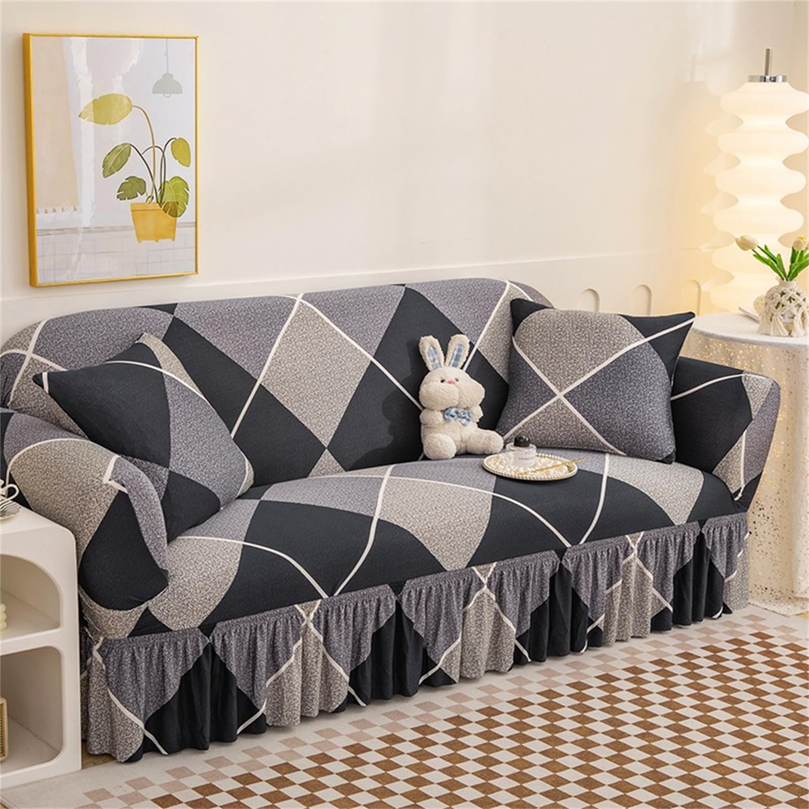 Hearda High Stretch Sofa Covers 1/2/3/4 Seater, Elastic Non Slip Sofa Slipcover Washable Universal Soft Couch Sofa Cover with Skirt (4 seats,Black Fashion)