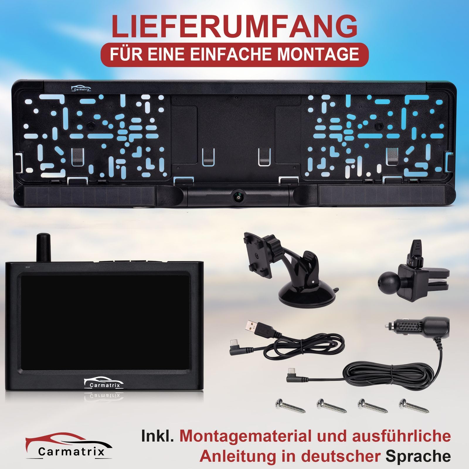 Funk Solar Auto Rückfahrkamera solarbetrieben im Nummernschild mit 4,3 Zoll Monitor Rückfahrsystem Solarpanel kabellos Digital