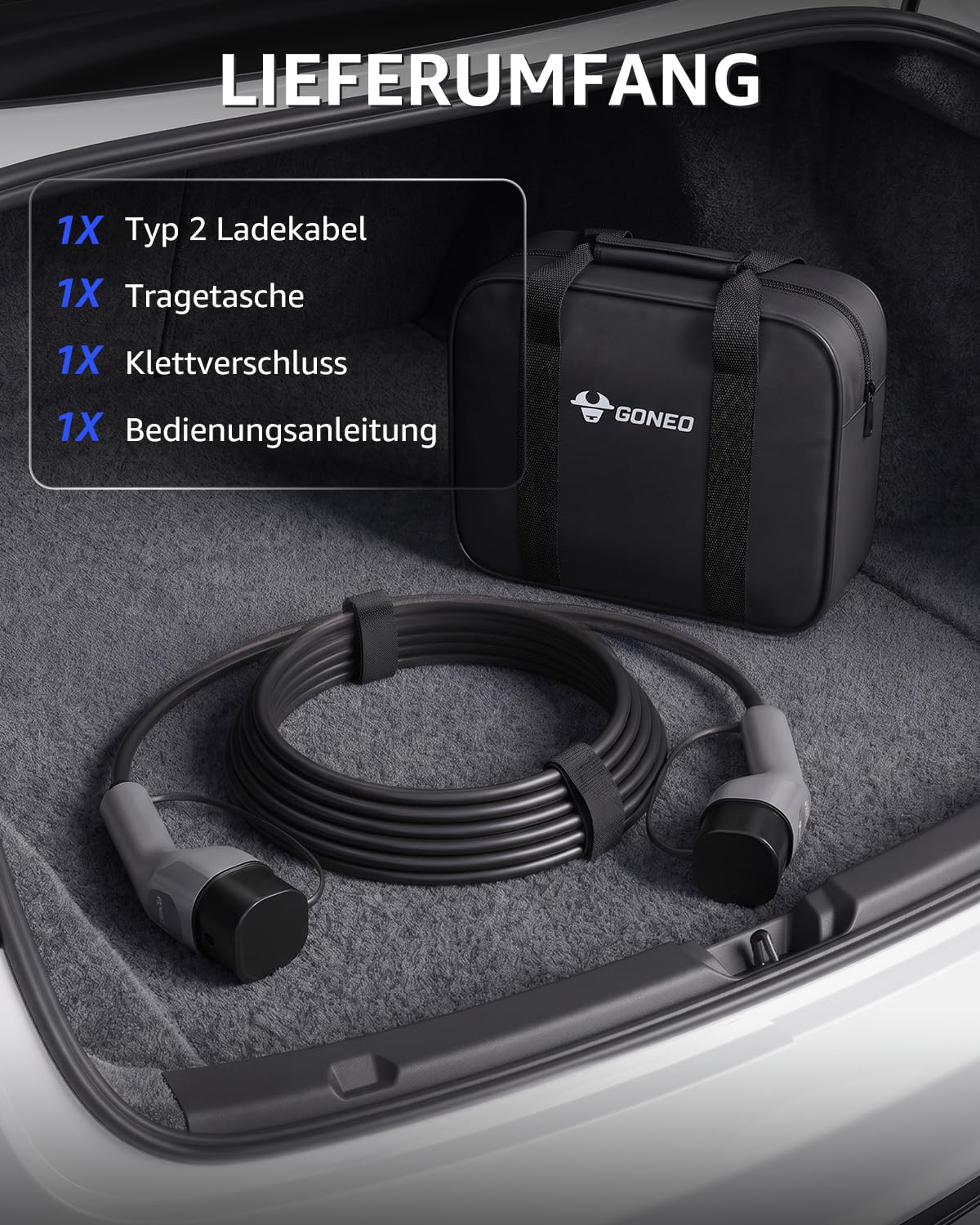 GONEO Typ 2 Ladekabel 22kW 10M, 32A 3-Phasig Mode 3 Schnellladekabel, IP54 TPU Abriebfest, Kompatibel mit Tesla/VW/BMW/Audi, für Elektroauto & PHEV, inklusive Tragetasche