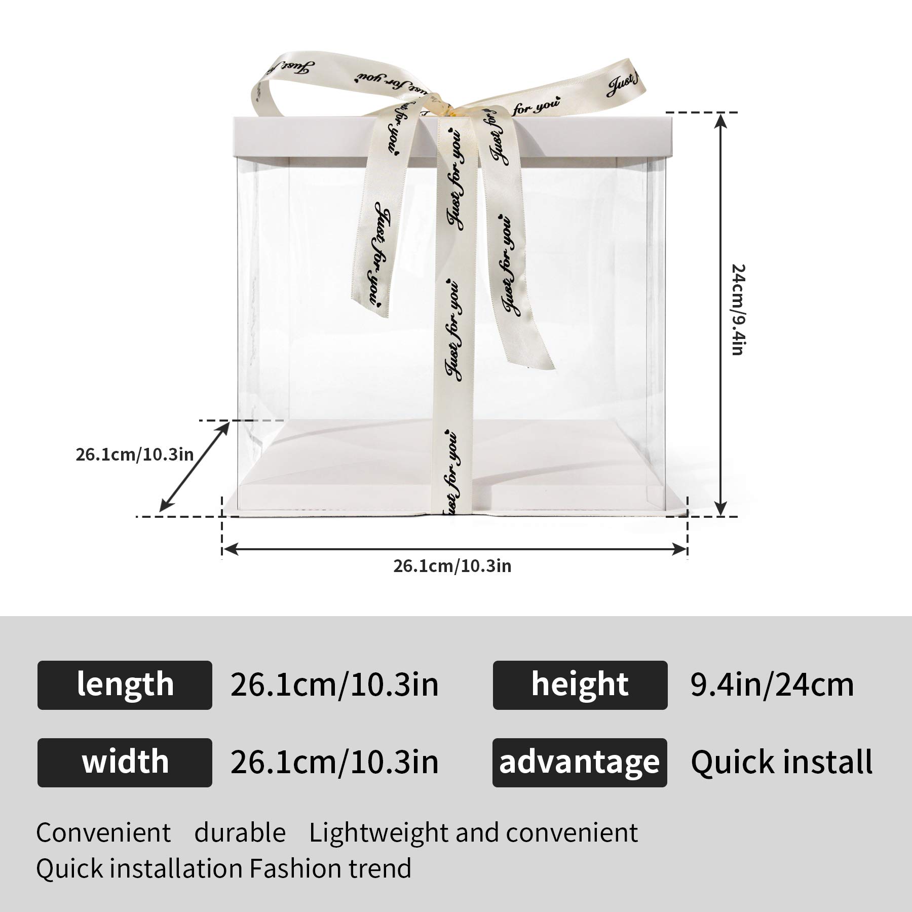 Caja transparente para pasteles, paquete de 2 contenedores para tartas de 10 x 10 x 9 pulgadas con cinta transparente con tapa, paquete de regalo para cumpleaños, boda, color blanco