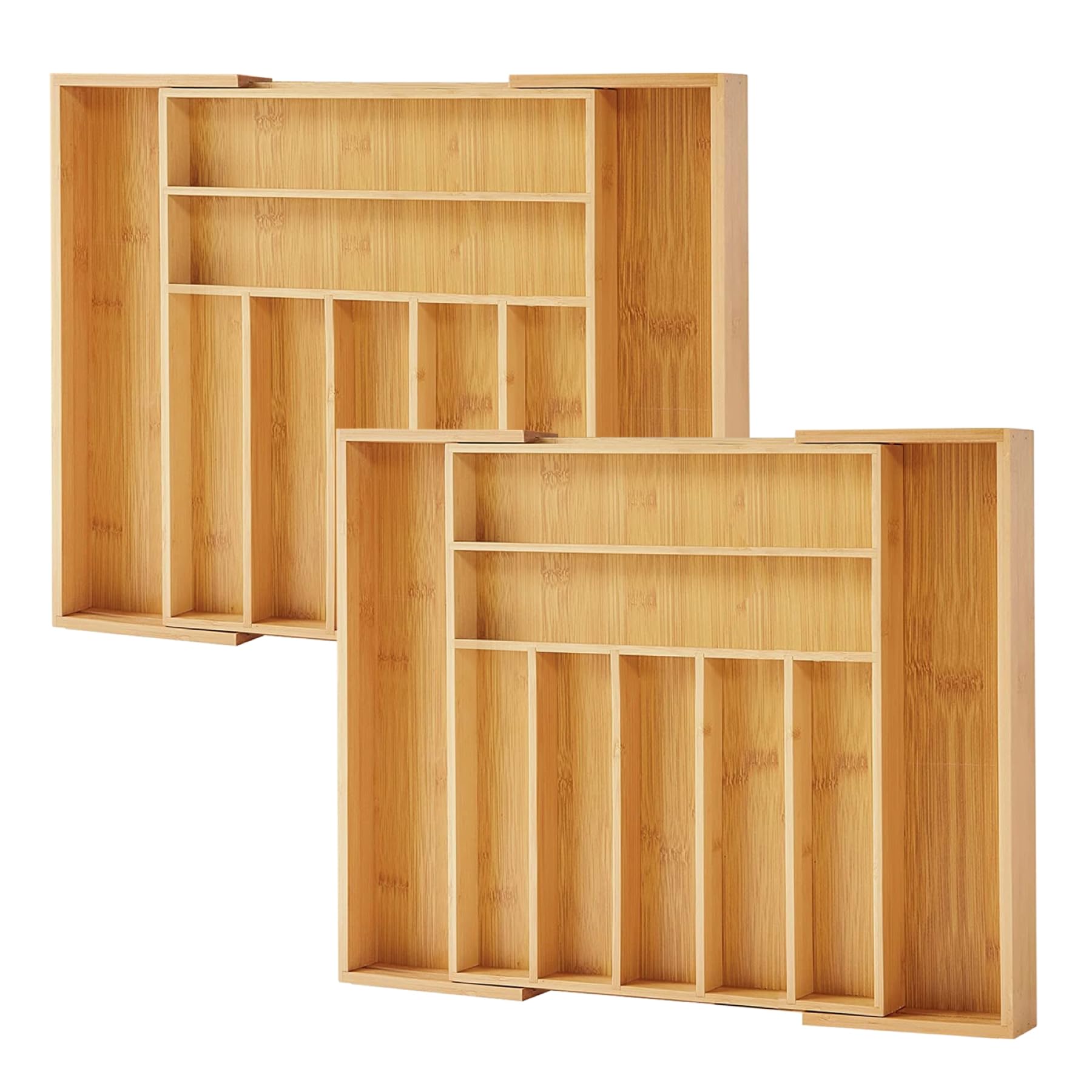 Purawood 2 sztuki, duży bambusowy organizer na sztućce premium, rozszerzalny organizer do szuflad kuchennych i organizer na przybory, taca na sztućce z przegrodami do szuflad, do przyborów kuchennych