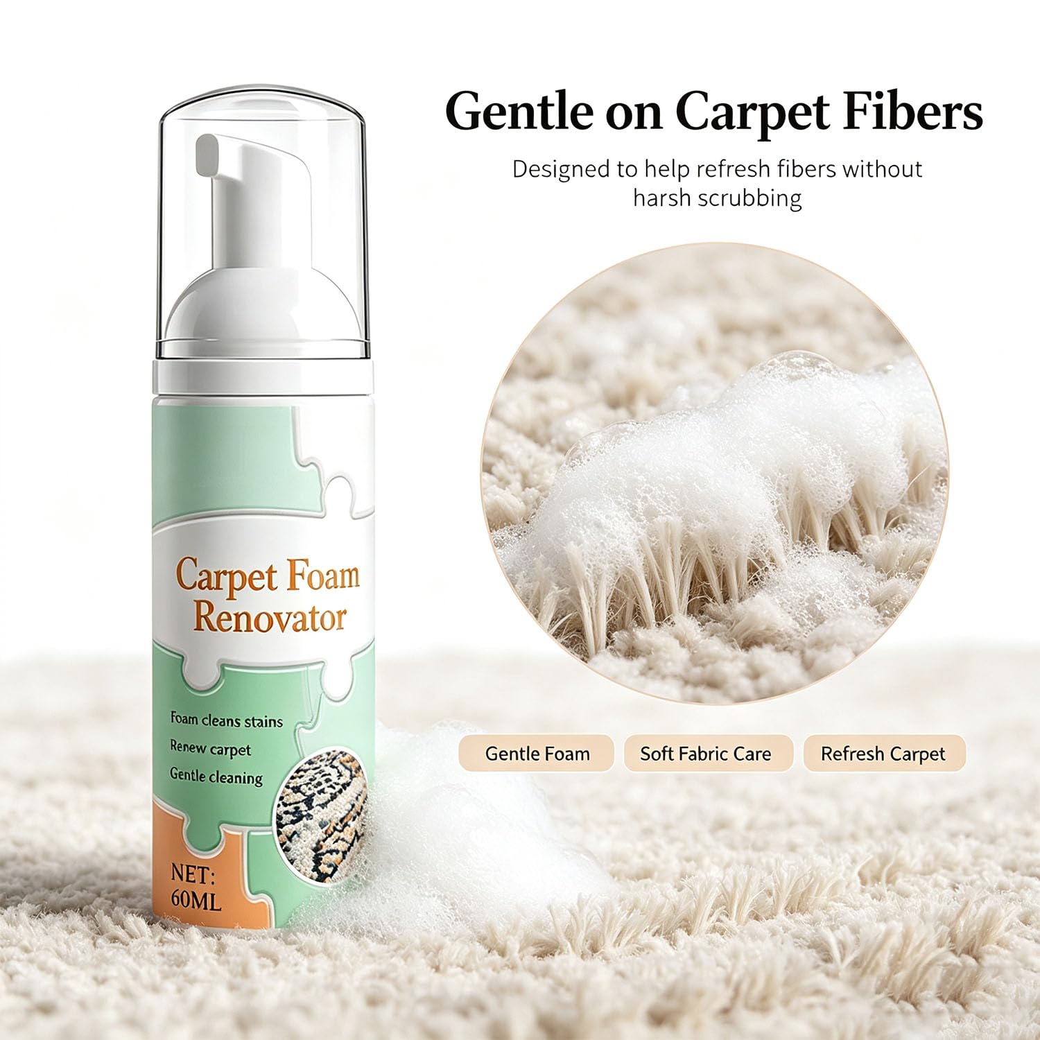 Waterless Carpet Foam Stain Remover, Teppichschaum-Renovator, Trockenreinigungs-Schaumreiniger mit Reinigungstuch, Fleckenentferner für Teppiche, Teppiche, Polster- und Stoffoberflächen (100ml*3PCS)