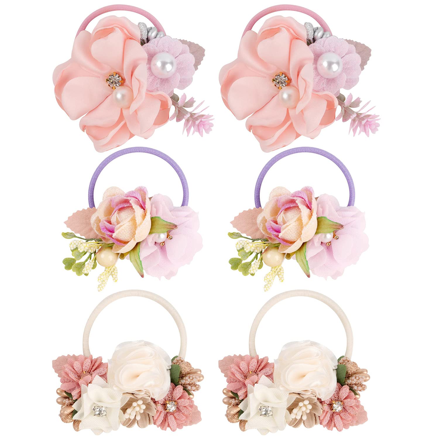 6pcs Flower Elastic Hair Ties, Boutique Baby Toddler Flower Rubber Bands Ponytail Holders Hair Accessories For Baby Girls Teens Toddlers in Pairs(Color B)