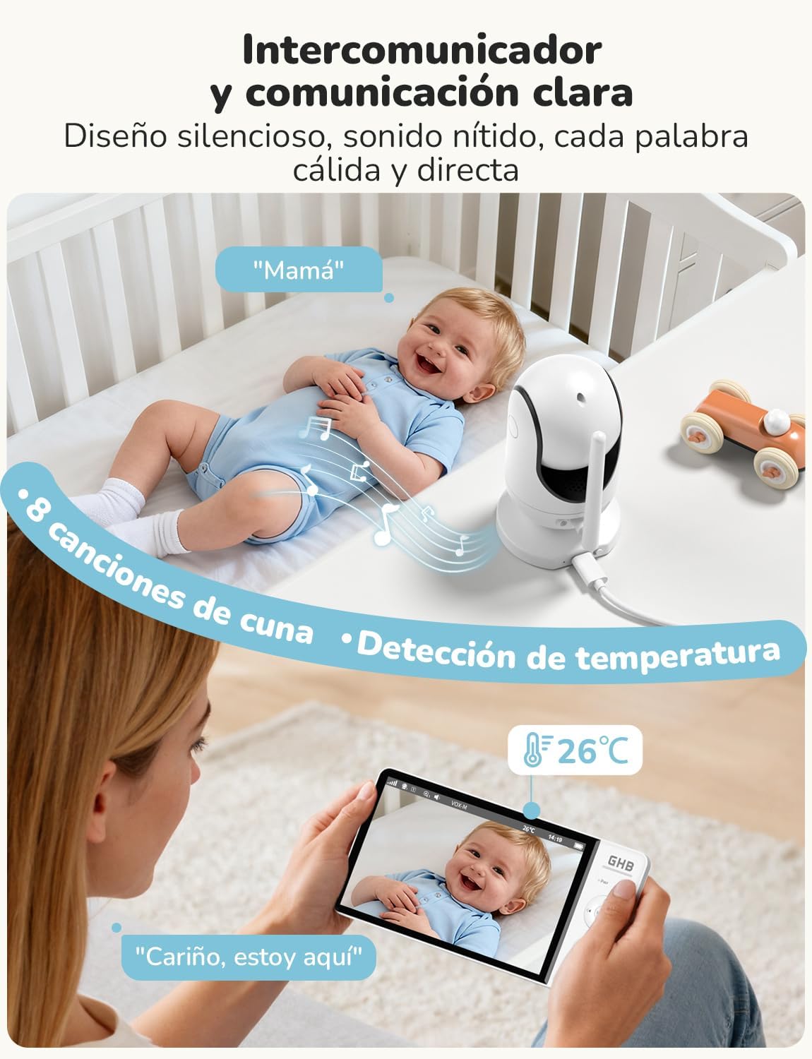 A parent speaking into the GHB baby monitor, with the baby in the crib and camera nearby, illustrating two-way communication