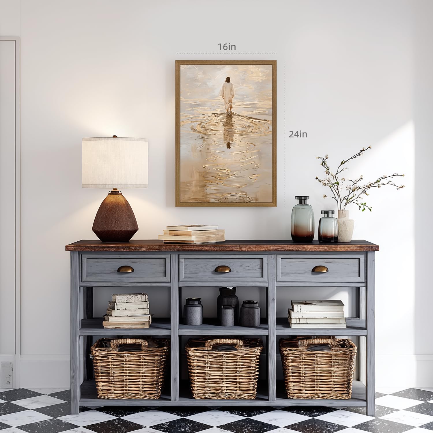 Grajoy Wood Framed Jesus Walking On Water Wall Art, Jesus Christian Canvas Painting, Inspirational Christian Poster Print, Minimalist Religious Faith Wall Decor for Church Prayer Room 12x16 Inch