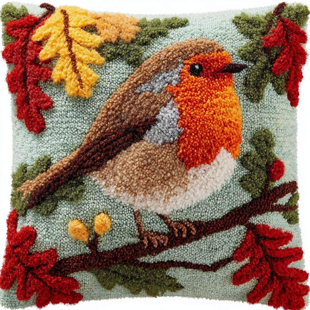 kitphoenix Latch Hook Kit Cushion Robin 43X43Cm Handmade Knitted Cushion Material Package,Beginner Friendly DIY Craft Set,Home Decor Pillow