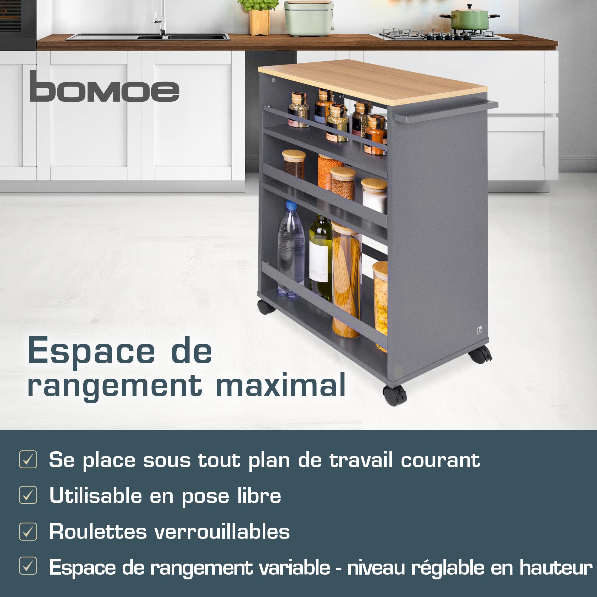 BOMOE Chariot de Rangement desserte à 4 roulettes avec 3 étagères et Plan | 50x79x38cm anthracite et chêne haute qualité étagère cuisine salle de bain Travail FSC service niche roulant Bengt