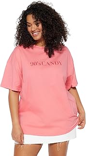 ترنديول تي شيرت نسائي منسوج بنمط واسع ورقبة دائرية ضيقة مصنوع من القطن بنسبة 100% TBBSS23BF00015 (عبوة من قطعة واحدة)