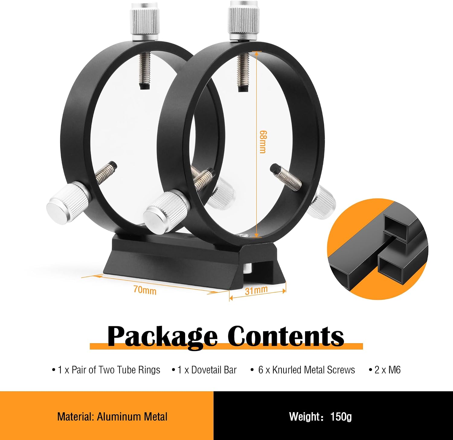 Astromania Adjustable Guiding Scope Ring Set with Plate - 69 mm Inside Diameter (Pair) - for Telescope Tube Diameter or Finders 43 to 68mm
