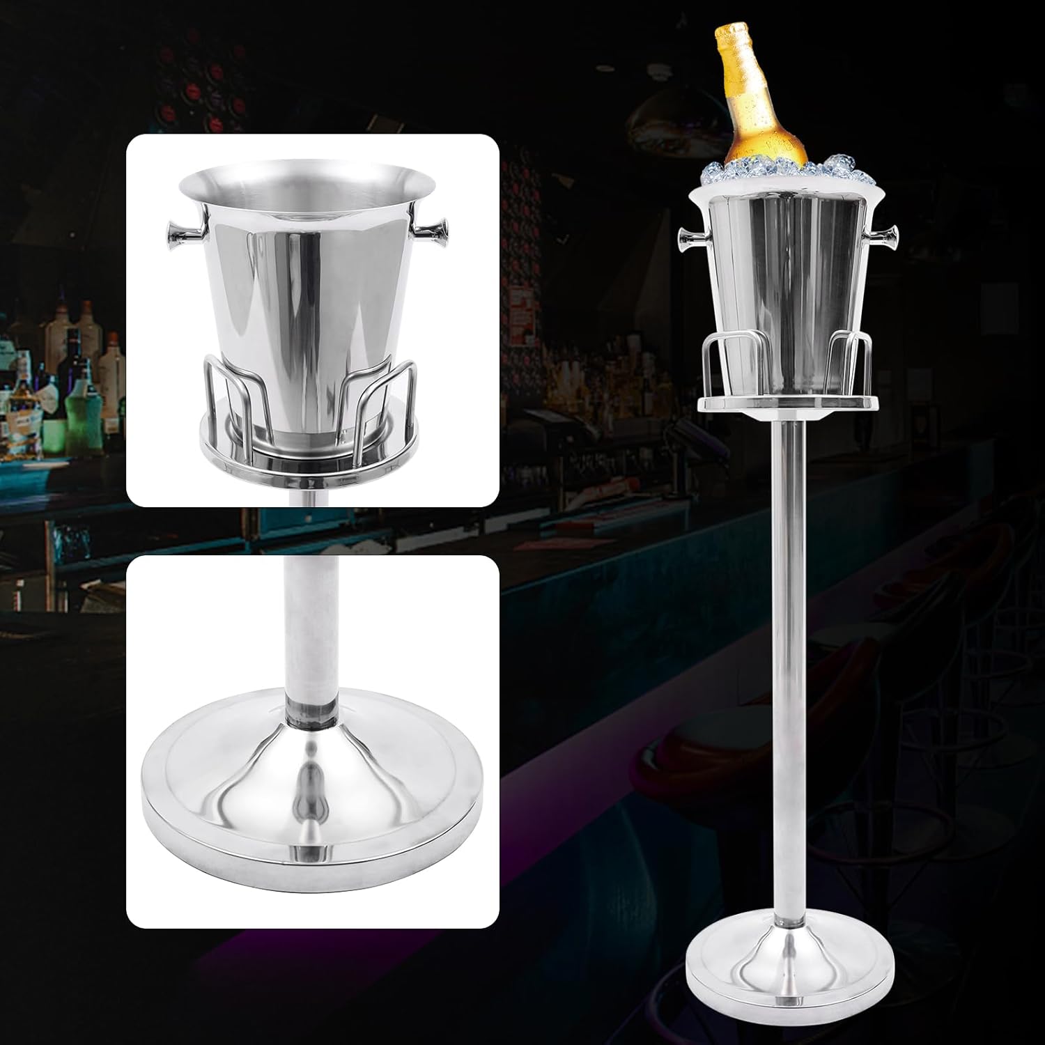 36" H Stainless Steel Ice Bucket with Stand, 1.1Gal Free Standing Champagne Wine Chiller Cooler Container, Tall Beer Holder Beverage Tub for Bar Party Wedding BBQ