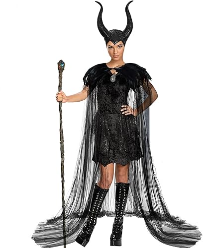YoleShy Chal de plumas negras con cuernos de maléfica, diadema de maléfica, disfraz de maléfica para mujer, capa negra de maléfica para mujer,