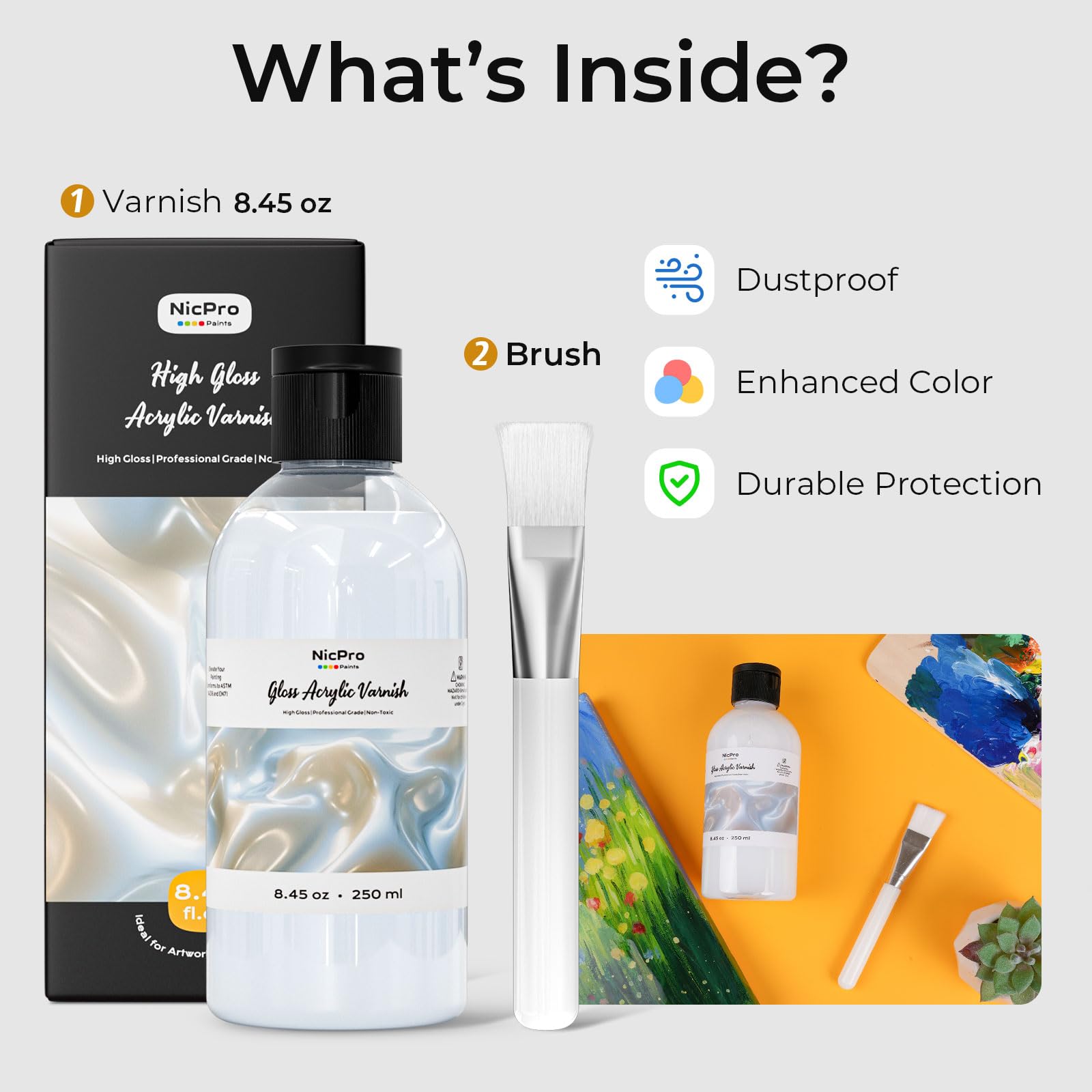 Nicpro Gloss Varnish for Acrylic Painting 8.45oz, Non-Yellowing, Non-Toxic, Anti-Crazing, Clear Acrylic Varnish for Pro Artist, Hobby Painter on Canvas Artwork, Acrylics Paint, Wood, High Gloss Finish